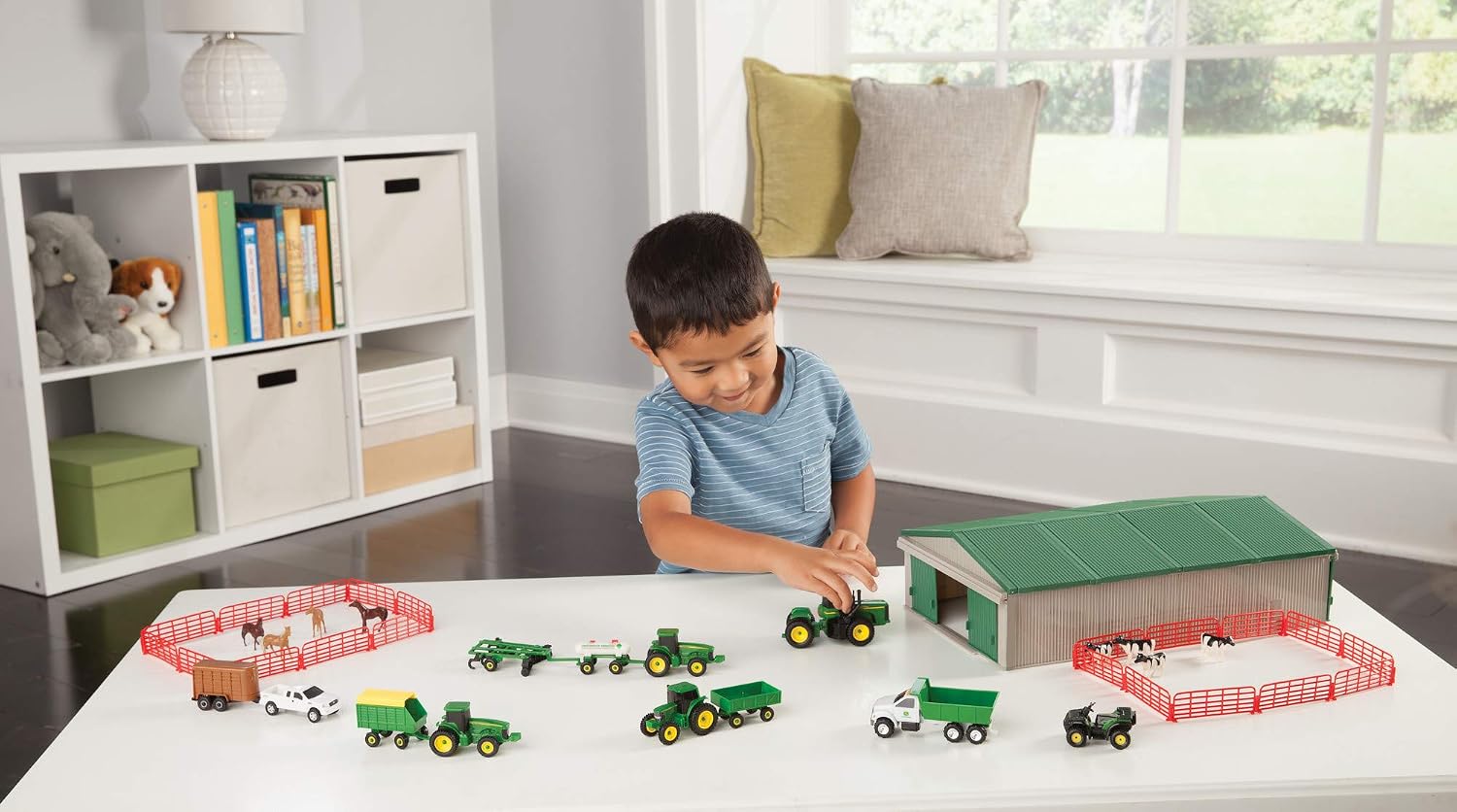 John Deere Die-Cast Farm Toys Playset - 1:64 Scale - Includes Farm Animals, Machine Shed, Toy Tractors, Toy Trucks, and Farm Tools - 70 Count - 8 Years and Up