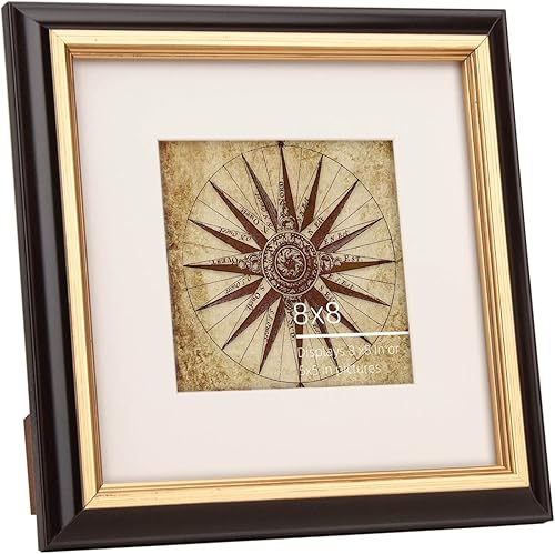 Miniatura 2 de Marco de fotos vintage neutro de caoba negra y latón antiguo, de 8 x 8 pulgadas, 2 tonos, perfil de madera real pintado a mano, archivo cremoso de