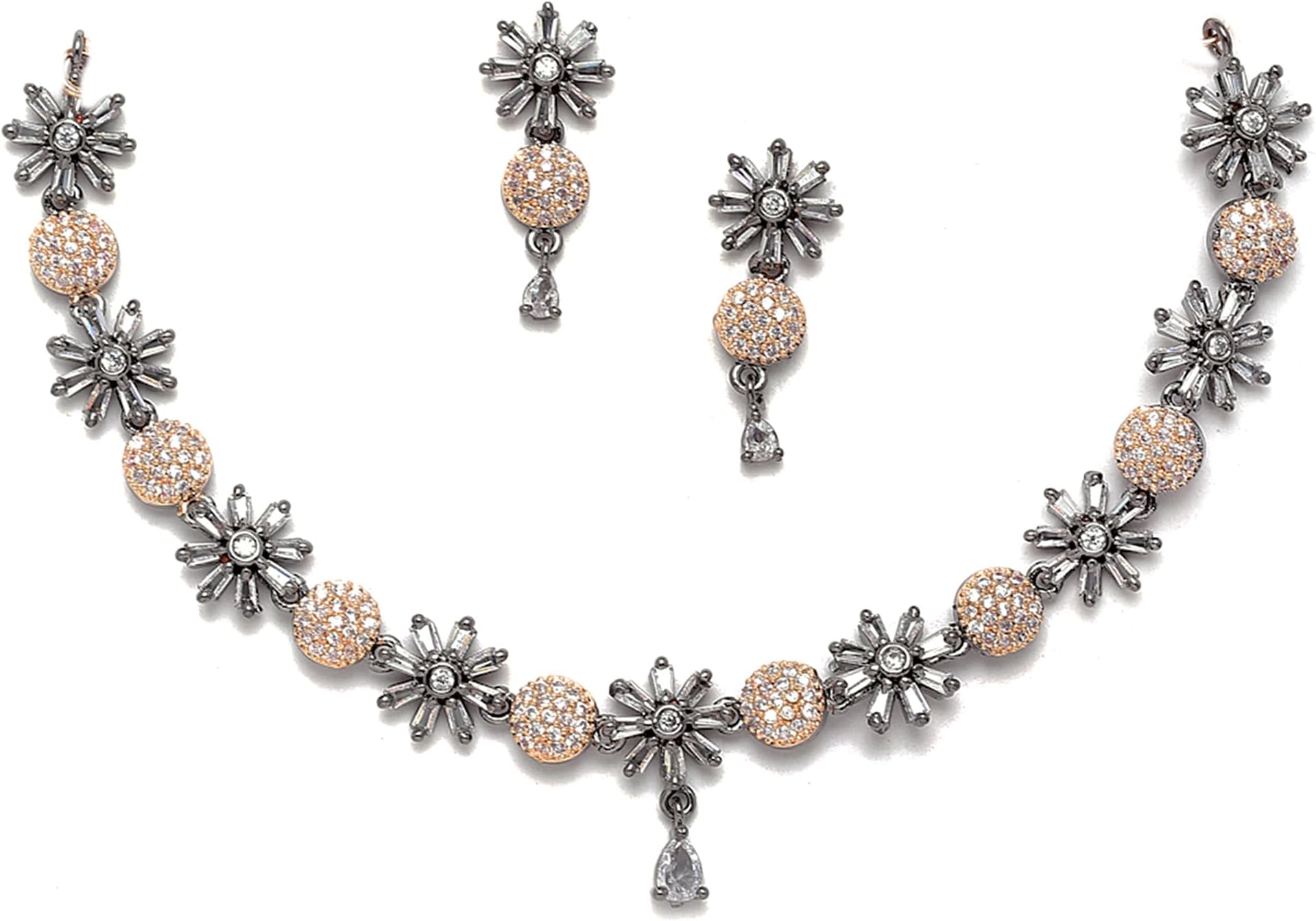 ZENEME Women's Rose Gold-Plated Gunmetal Toned White American Diamond Studded Flower-Round Shaped Necklace Earring Jewellery Set Free Size Rose Gold Black