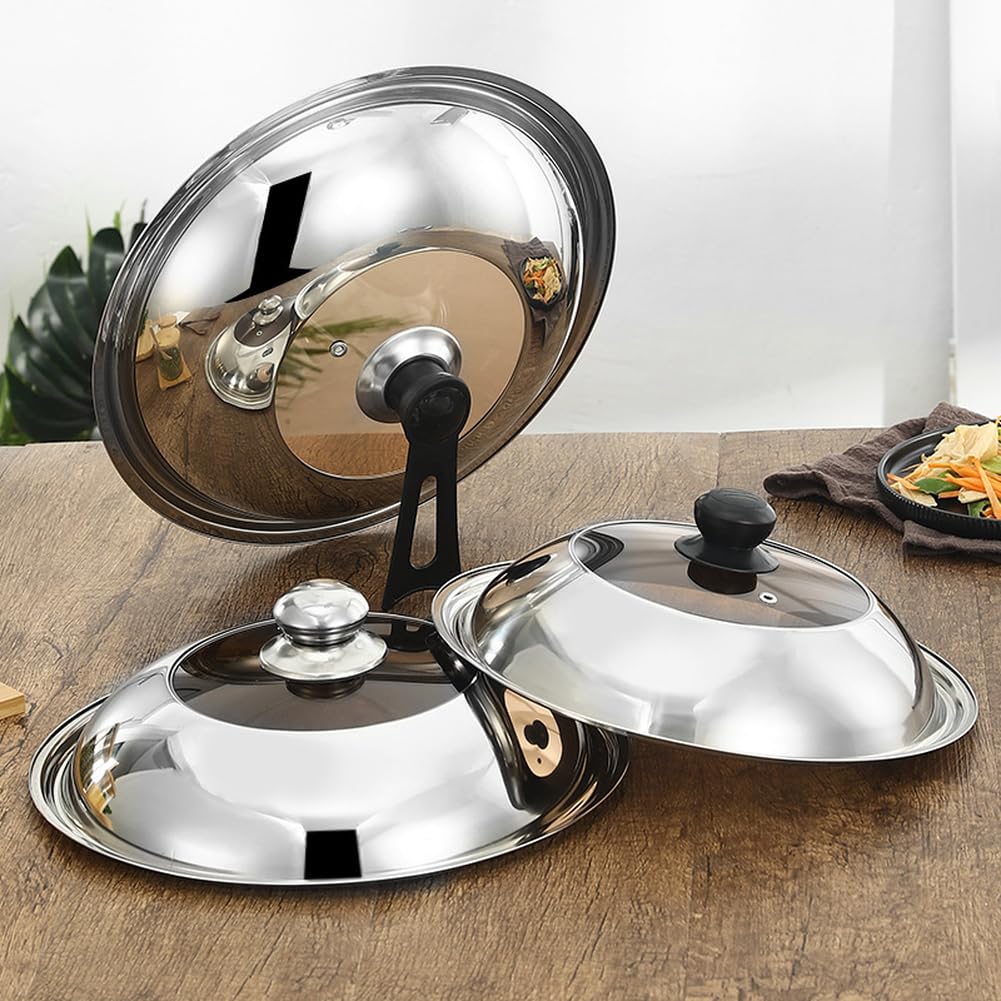 Coperchio in acciaio inox con inserto in vetro per l'uso con ferro grande per wok, caratteristica per una comoda gestione dello spazio in cucina (40 cm)