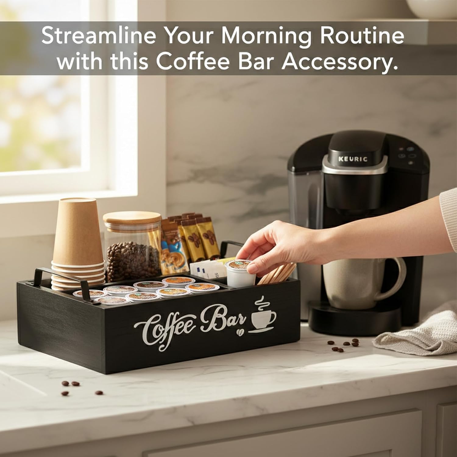 Wood Coffee Bar Organizer with Handle, Coffee Station for Countertop, Station Accessories for Decor, 4 Storage Accessories Tea Bag, Office, Study, Kitchen Accessories Organizer