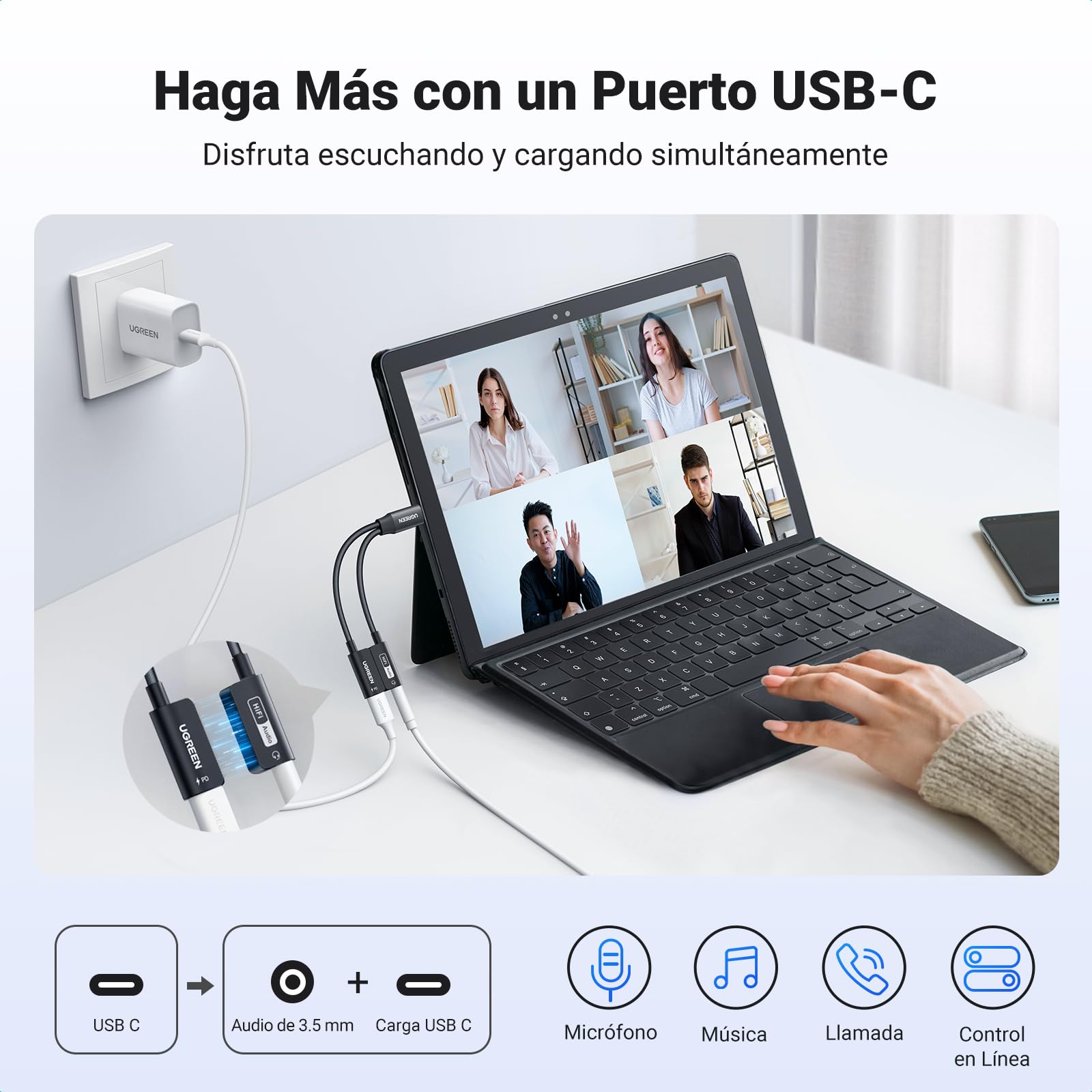 UGREEN Adaptador USB C a Jack 3.5mm PD 60W Magnético 2 en 1 Hi-Res 32Bits/384KHz Tipo C Micrófono Aux Divisor de Auriculares Compatible con iPhone 17 Pro MAX Air Galaxy S25+/25/24/23 Pixel 8
