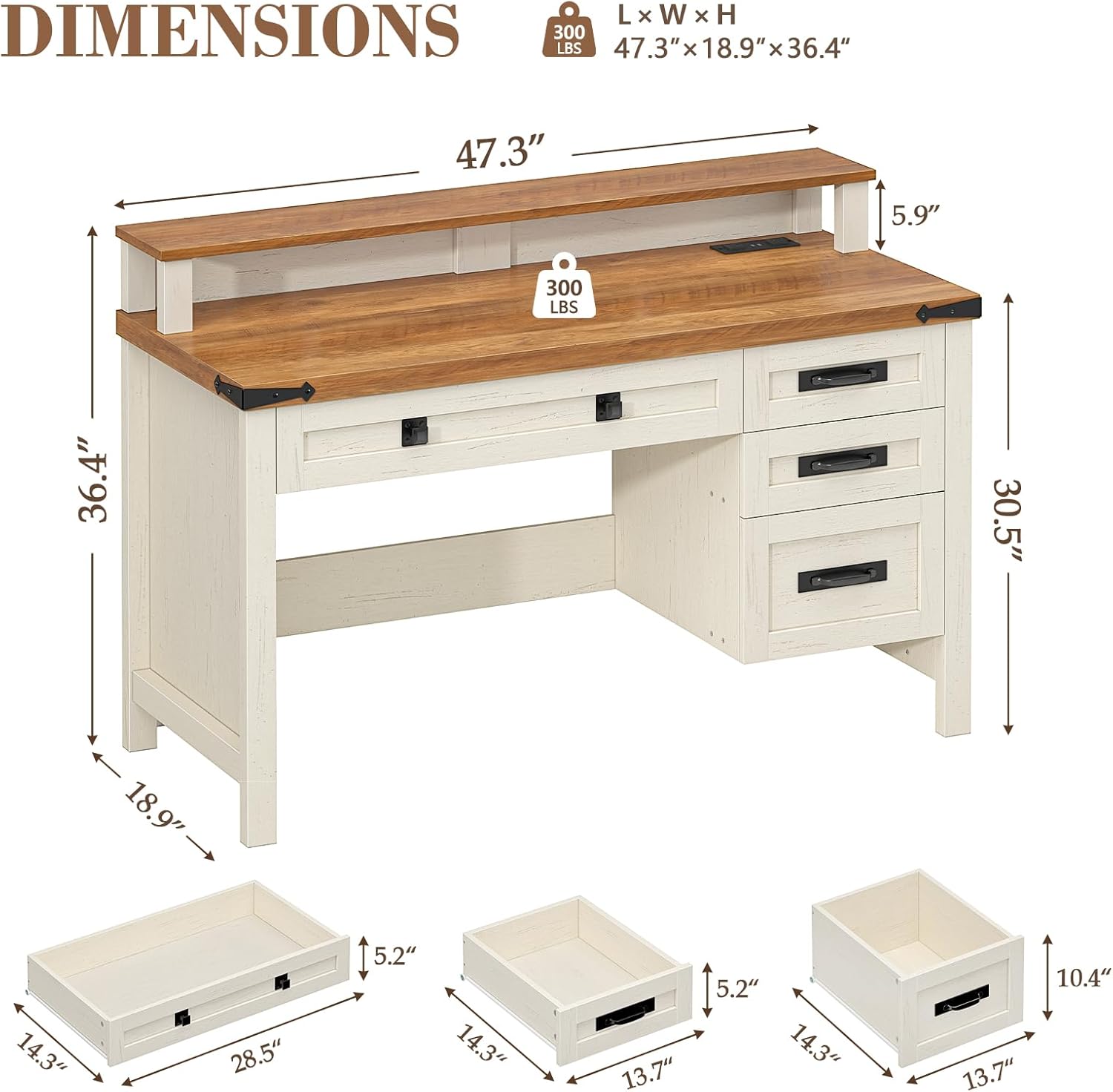 Farmhouse Executive Desk with Drawers, 47" Computer Desk with Power Outlets, Home Office Desk with Monitor Stand & 4 Drawers, Small Desk Writing Study Table, Antique White