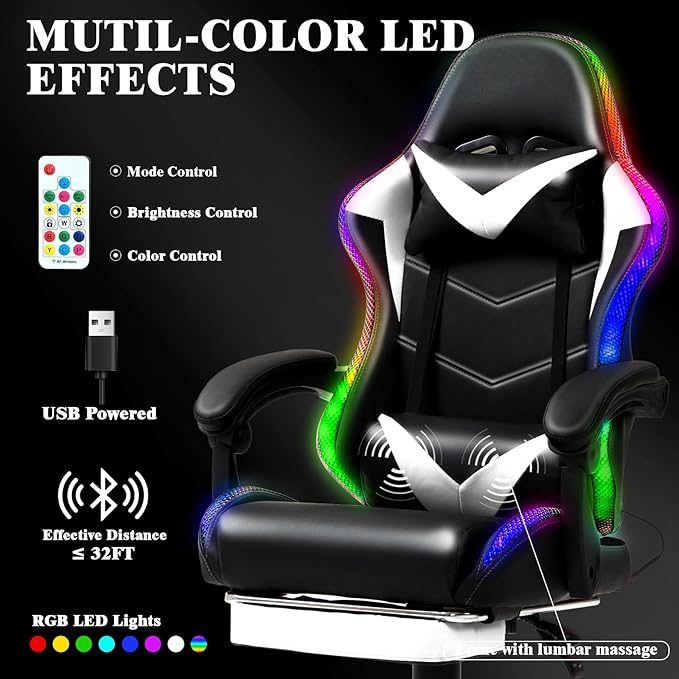 Gaming Chair, Racing Style RGB LED Lights Gaming Chairs for Adults and Kids, Lumbar Massager Gamer Chair, High Back Reclining Computer Chair with Footrest and Headrest (Black/White)