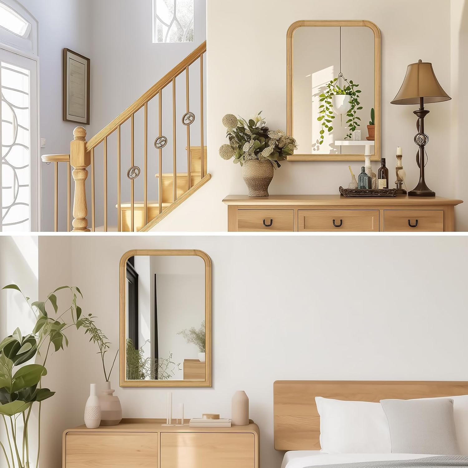 HOMECOOKIN 20" x 30" Wood Framed Mirror Bathroom Mirrors for Wall, Natural Arched Wood Bathroom Vanity Mirror for Entryway, Living Room or Bedroom Home Decor