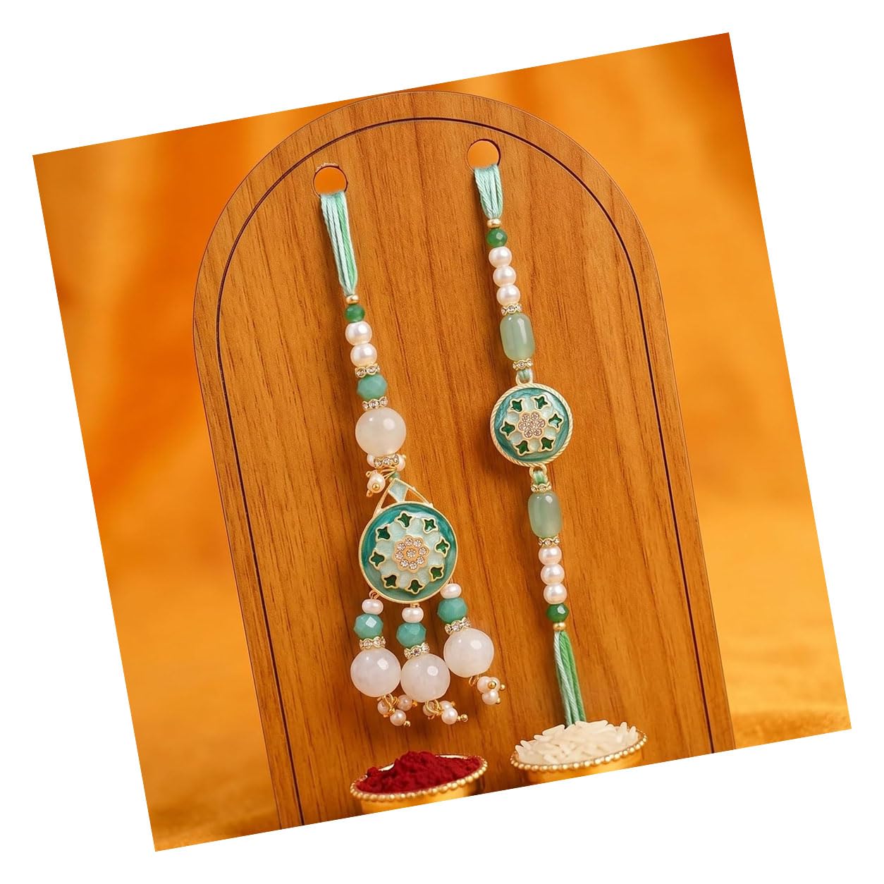 tied ribbons Rakhi for Brother and Bhabhi - Best Couple Rakhi's Set of 2 with Roli Chawal Tikka - Hanging Lumba Rakhi for Bhaiya Bhabhi - for Rakshabandhan-picture-3