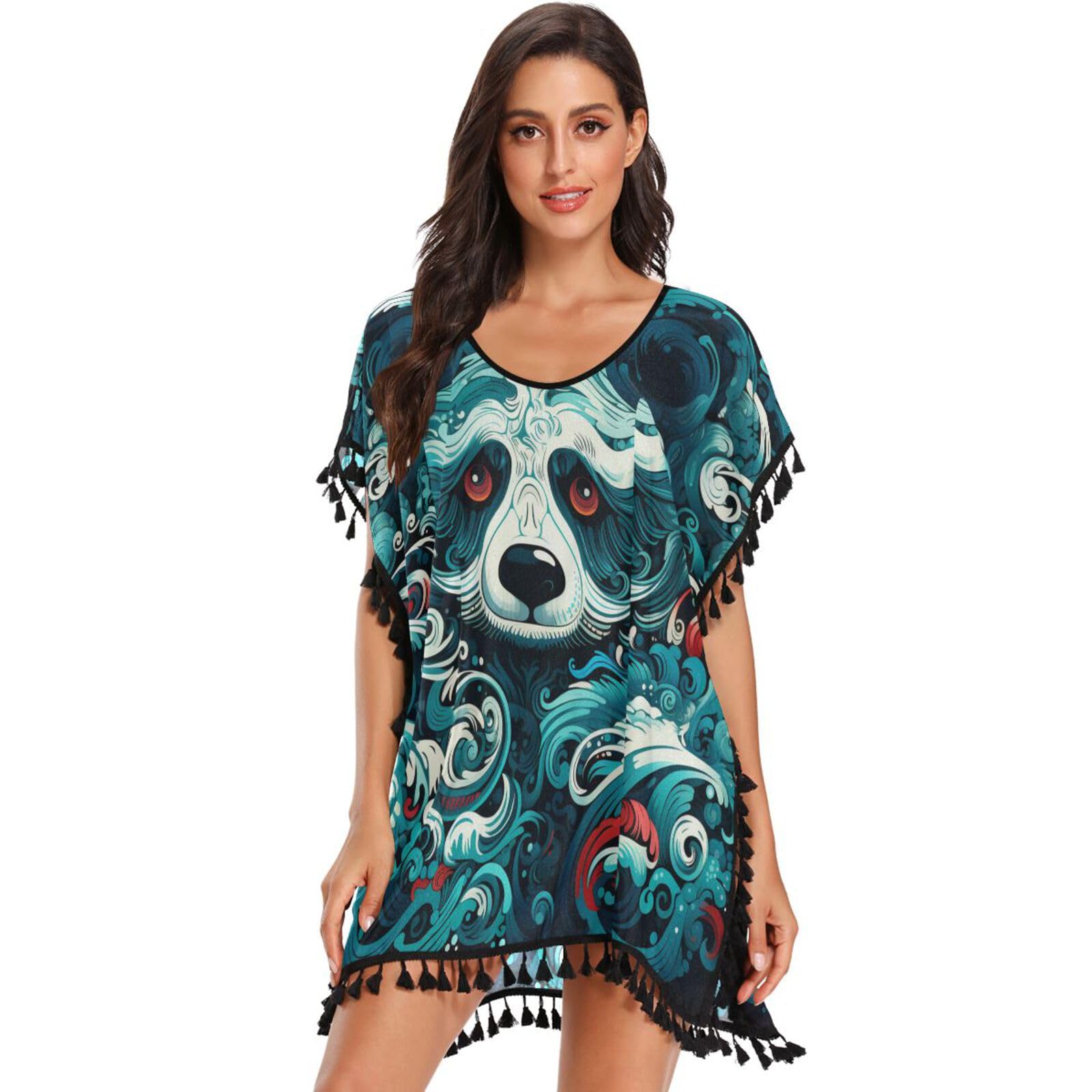 Panda Blue Abstrac Art Wave Women's Beach Cover Up Chiffon Tassel Swimwear Swimsuit Coverups for Girl