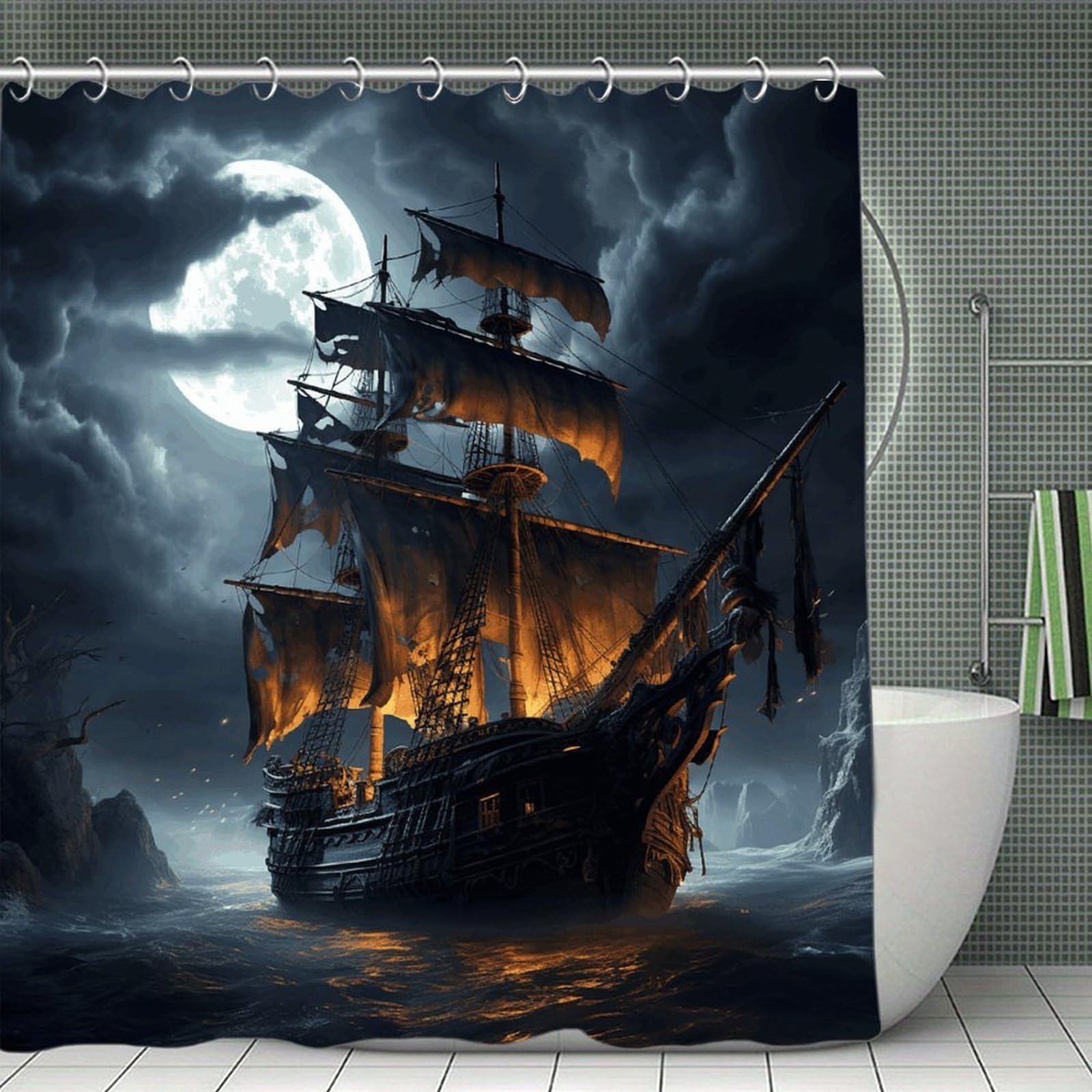 VstaDank Pirate Sailboat Full Moon Shower Curtain Light-Weight Blackout Bathroom Curtain Washable Shower Liner 71x71 Inch Bath Curtain with Metal Holes Bathtub Bath Room