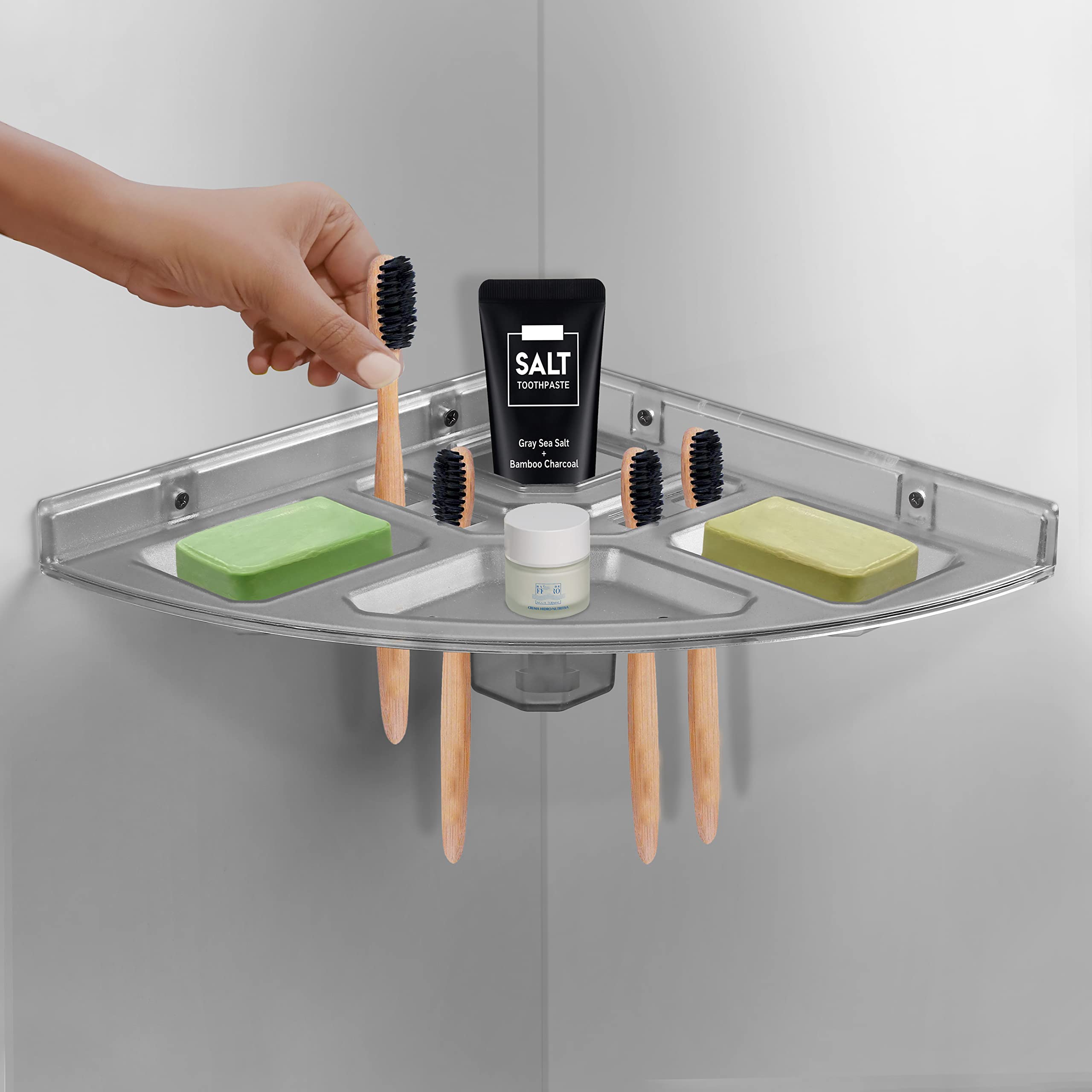 Plantex Unbreakable Abs Plastic Multipurpose Bathroom Corner Shelf/Organizer/Tumbler Holder with Double Soap Dish/Soap Holder/Tooth Brushes Holder (Transparent) Showers (B0BQ3K6BL5) Amazon Price History, Amazon Price Tracker