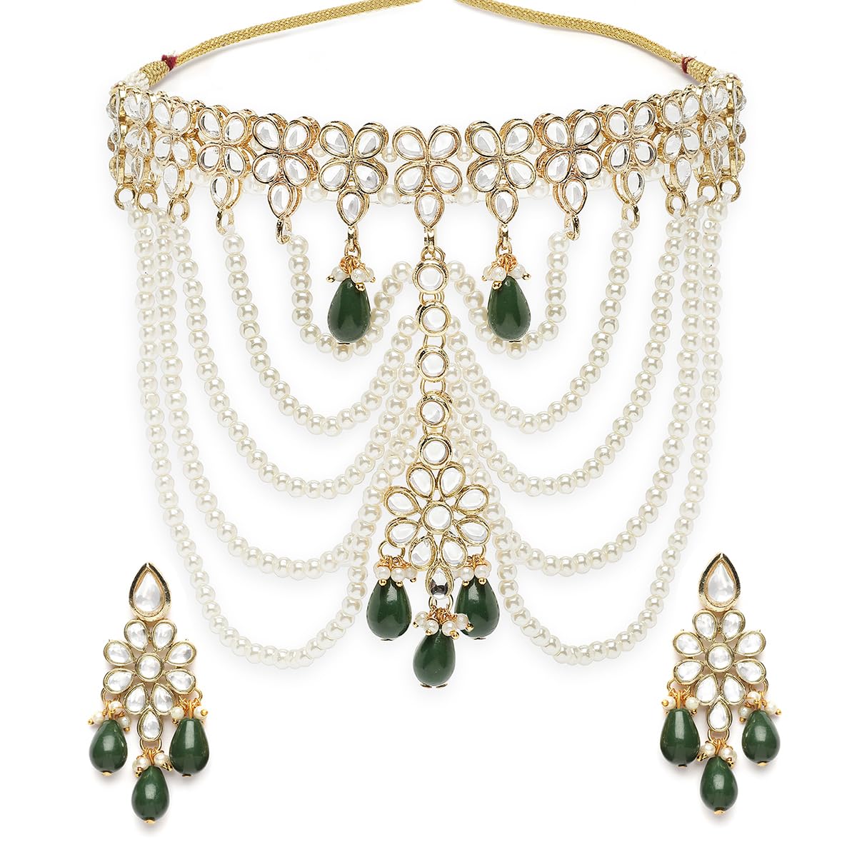 karatcart Pearl Beaded and Green Tumble Kundan Choker Neckalce Set for Women-picture-25