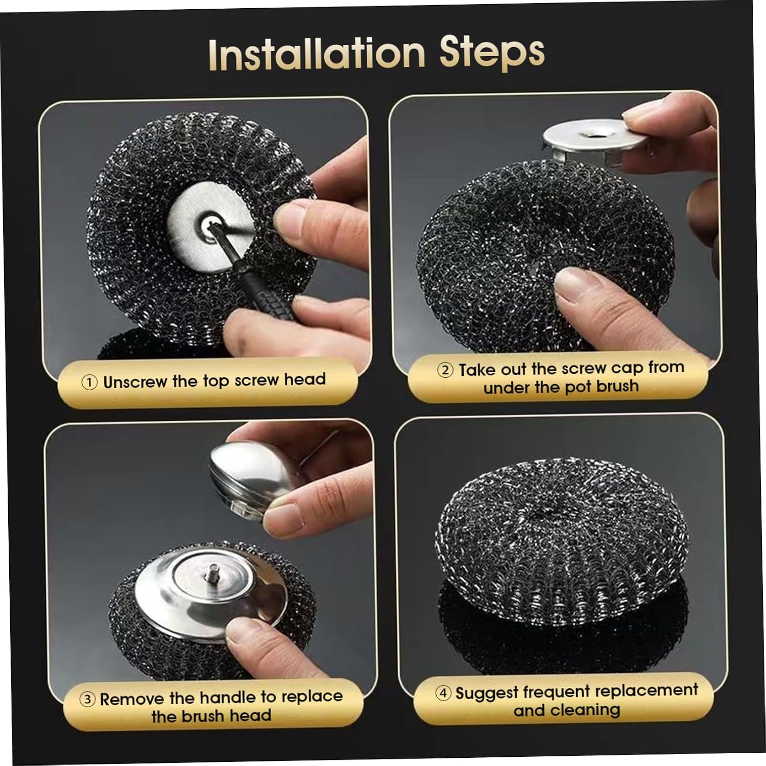 4 Pack Steel Wool Scrubber, Heavy Duty Steel Wool Scrubber Pads with Handle for Pots Pans Grills, Stubborn Residue, Dish Cleaning Brush