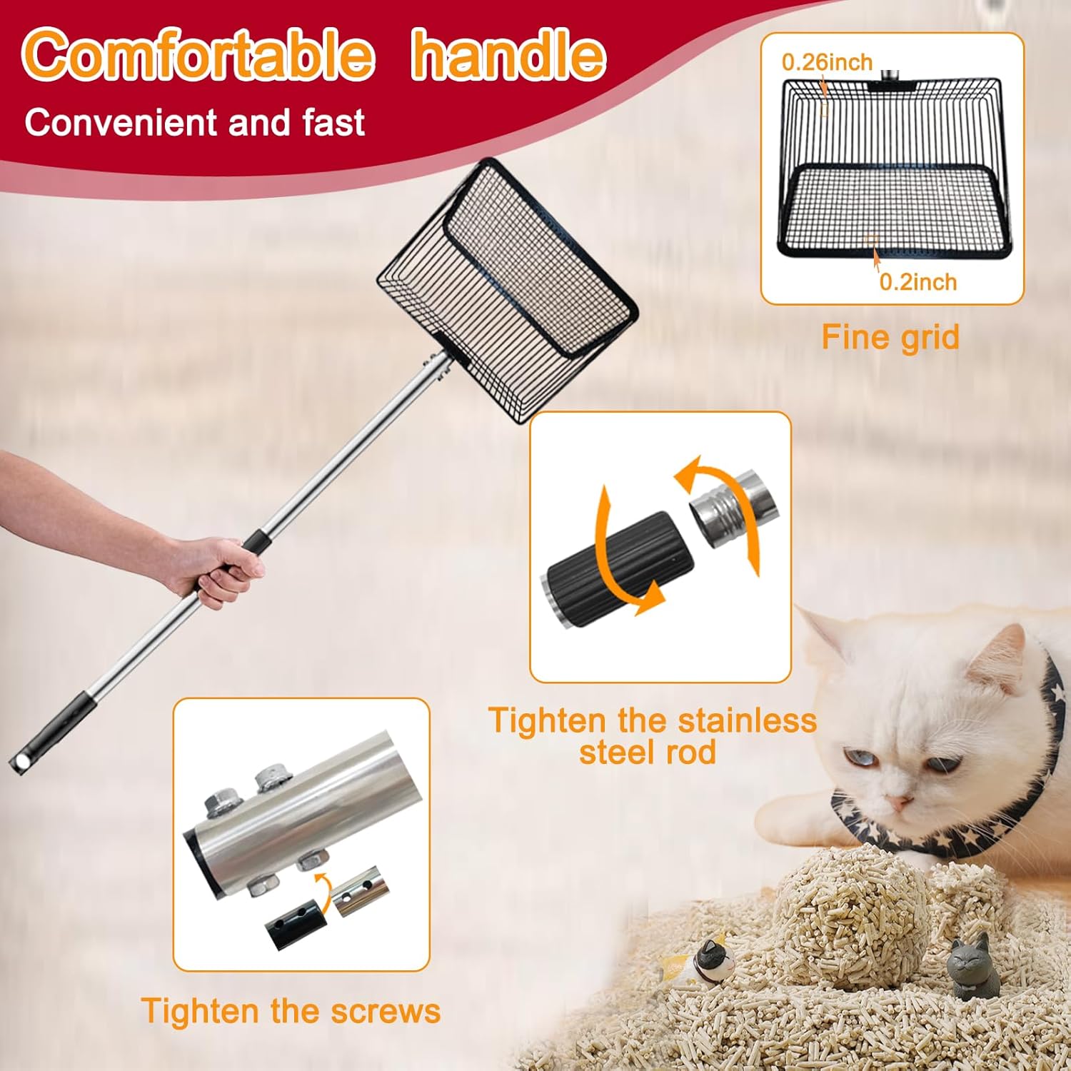 Chicken Poop Scooper-Heavy Duty Stainless Steel Sifting Shovel 10 Inch Wide,Chicken Scooper for Poop with 35" to 74" Adjustable Handle,Cleaning Tools for Chicken Coops & Farm Animals Scoop