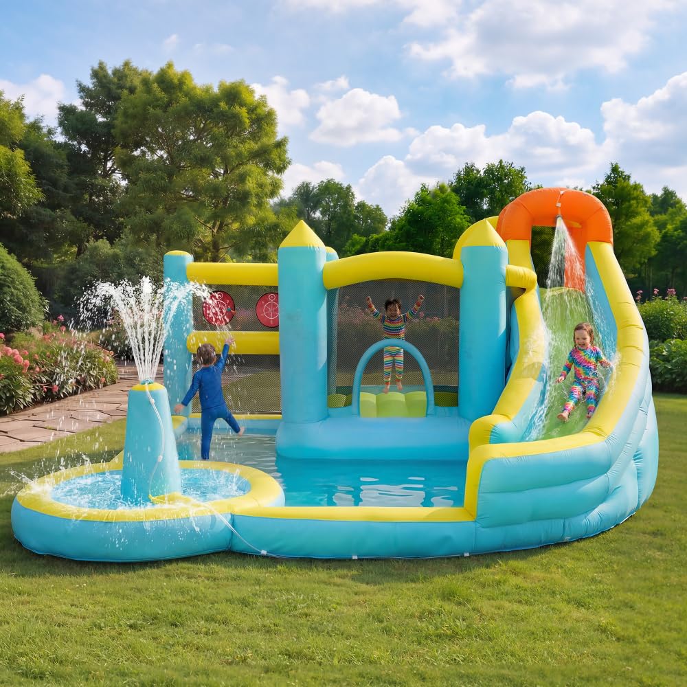 Hüpfburg, Parco acquatico con acquascivolo e piscina, gonfiabile, per giardino all'aperto, parco giochi acquatici con ventilatore, grande giocattolo gonfiabile per bambini (430 x 390 x 210 cm)