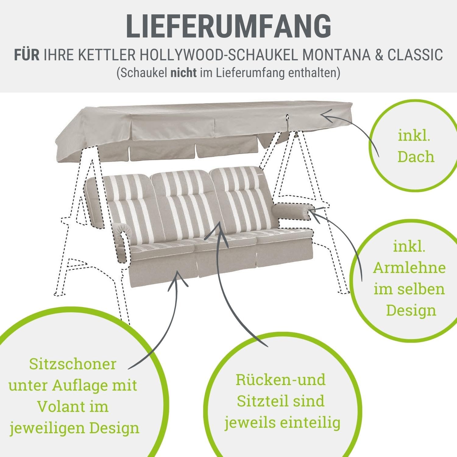 Hollywoodschaukel Auflage beige gestreift 56/64x180x8cm I Schaukelauflage weich & robust I UV-beständige Schaukel-Auflage I Liegekissen atmungsaktiv I Dessin 8744