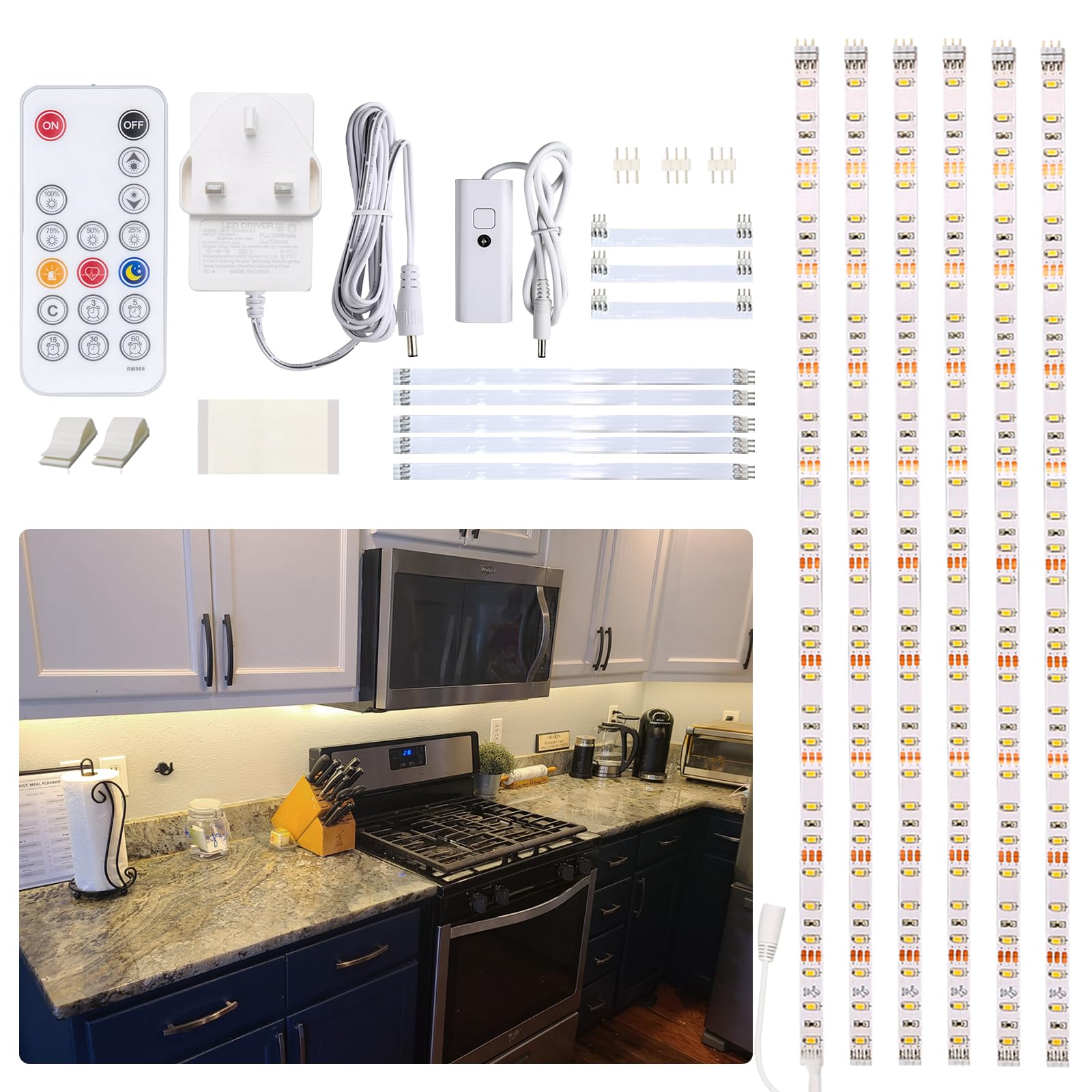 WOBANE Dimmable Under Cupboard Lighting Kit,Flexible 12V LED Strip Light with Remote Control,LED Cabinet Lights for Kitchen,Counter,Shelf,TV Back,Bookshelf,4000K Natural White,1500Lumen,Timing