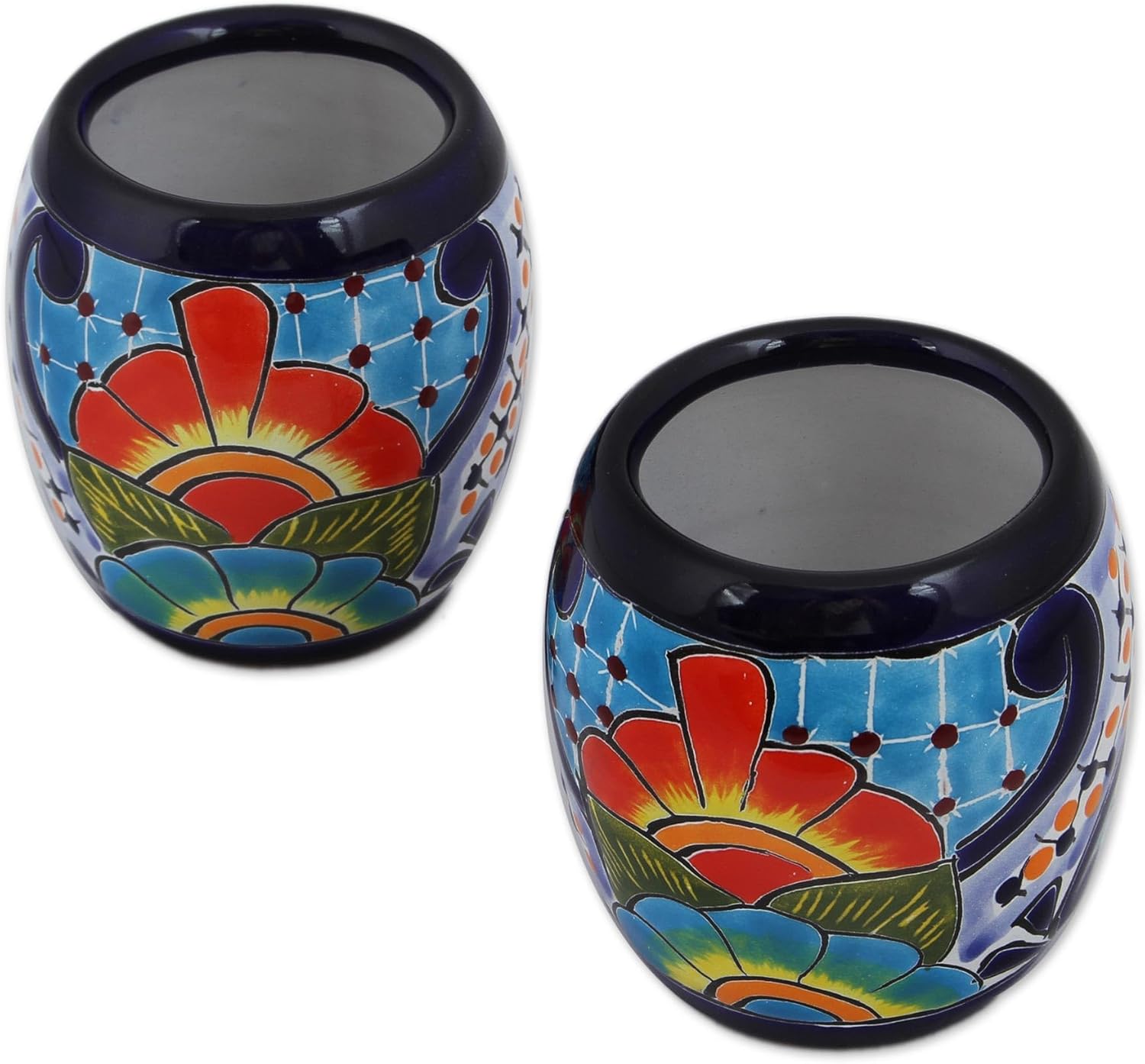 NOVICA Artisan Handmade Ceramic Juice Talavera from Mexico Multicolor Tableware Drinkware Tumbler Water Cocktail Hacienda 'Raining Flowers'(Pair)
