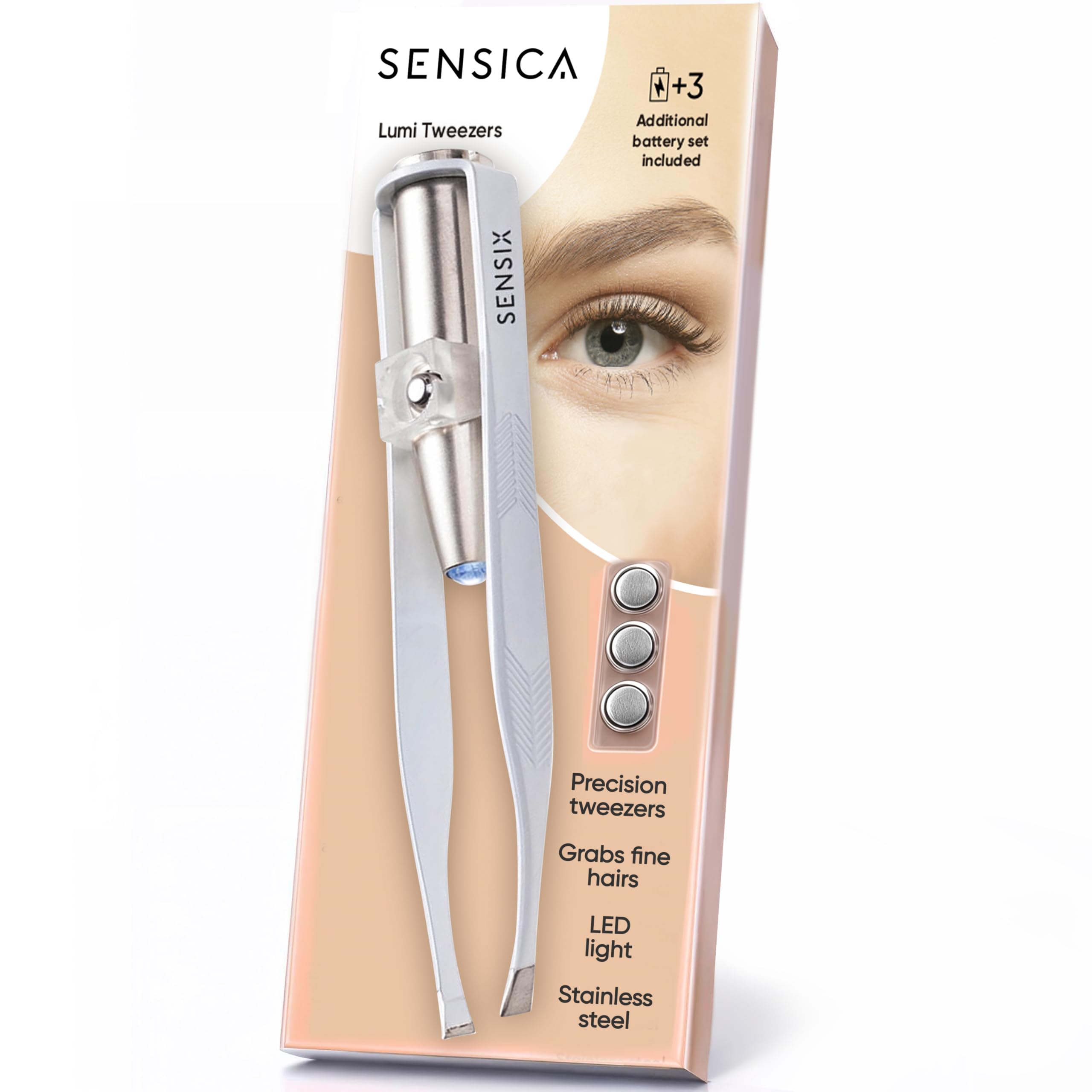 Eyebrow Tweezers with Light – LED Lighted Tweezers for Women Facial Hair – Precision Eyebrow Plucking Slant Tip Stainless Steel Tweezer with Long Arms & 3 Extra Batteries