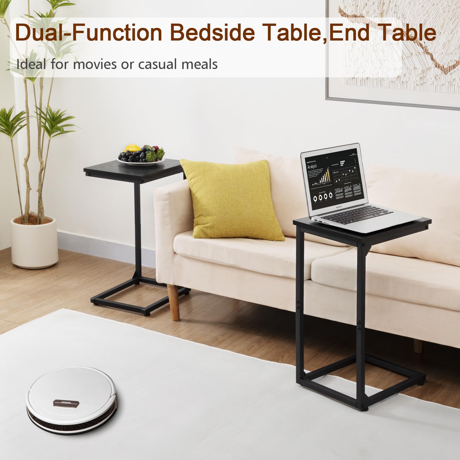 AMHANCIBLE Beistelltisch 2er Set, Couchtisch C Form, Wohnzimmertisch mit Metallgestell, mobiler Kaffeetisch, Sofatisch für Kaffee und Laptop, Beistelltisch Couch für Schlafzimmer, Wohnzimmer, Schwarz