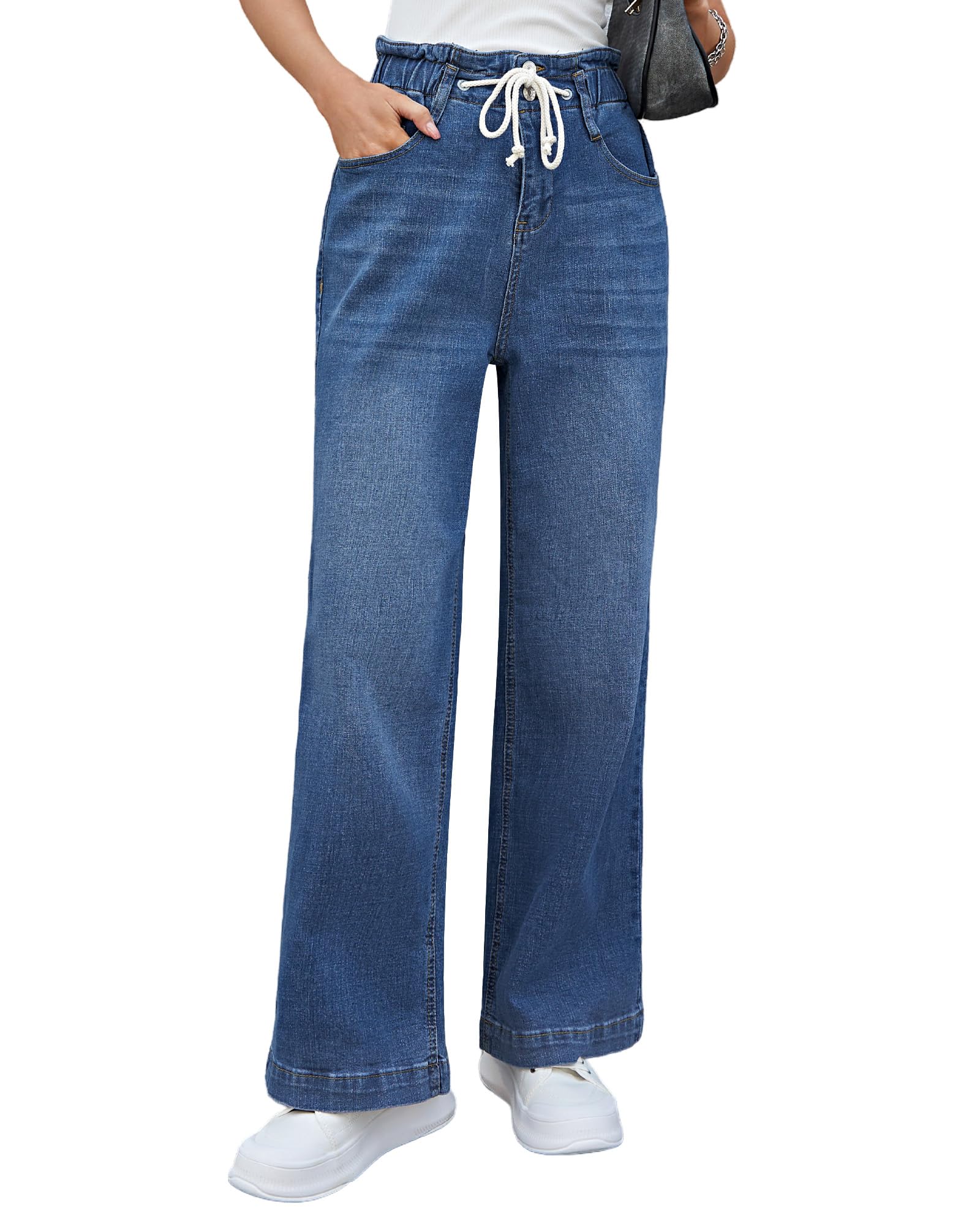 Roskiky Jeans Damen Weites Bein Stretch High Wasited Elastische Taille Bell Bottom Baggy Jeans Y2k