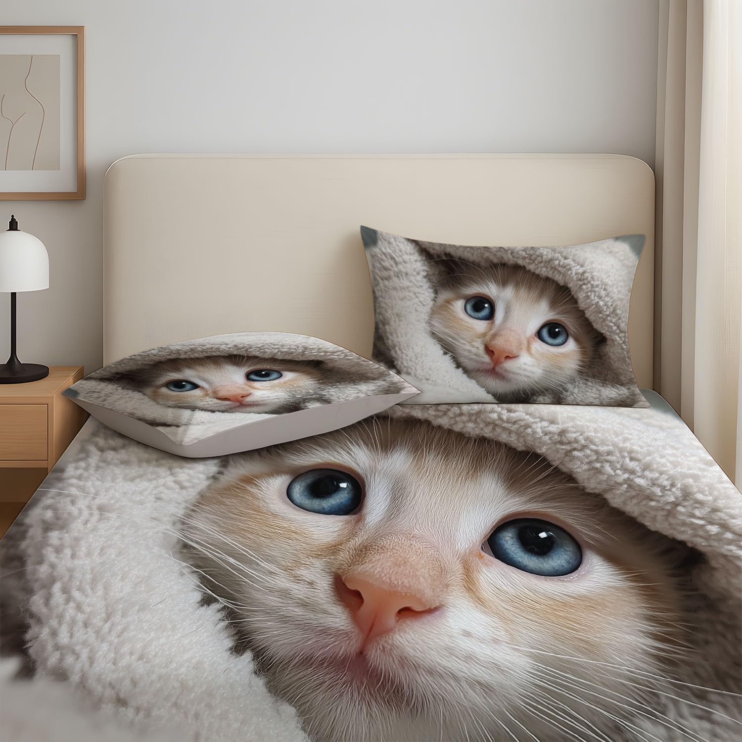 Sábana Ajustable Matrimoniale y Sábana con elástico luego de Sábana Ajustable para Cama Carino Animali Gatto Niñas Colchones de 30 CM de Alto con Fundas de Almohada Giallo
