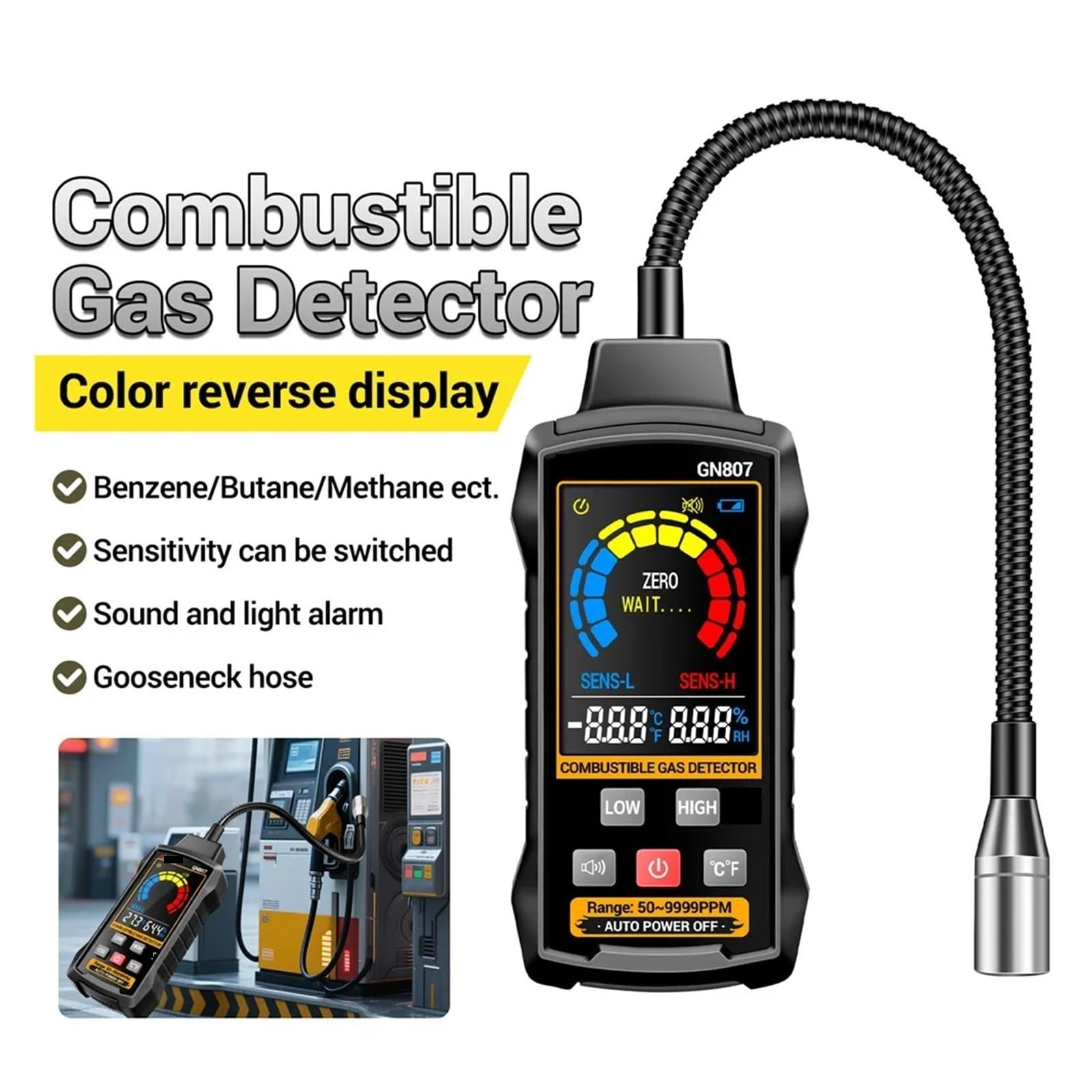 Rilevatore di gas combustibile GN807 rilevamento vari infiammabili, allarme acustico e luminoso, metano 50~10.000 PPM