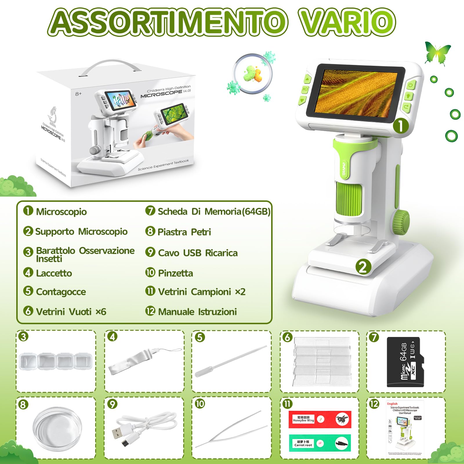Charmofun Microscopio Bambini, Microscopio Digitale con Scheda di Memoria da 64GB, Microscopios Portatile Bambini con Schermo LCD 4", Ingrandimento 1600X, Foto e Video, Funzione Portatile e Fissa