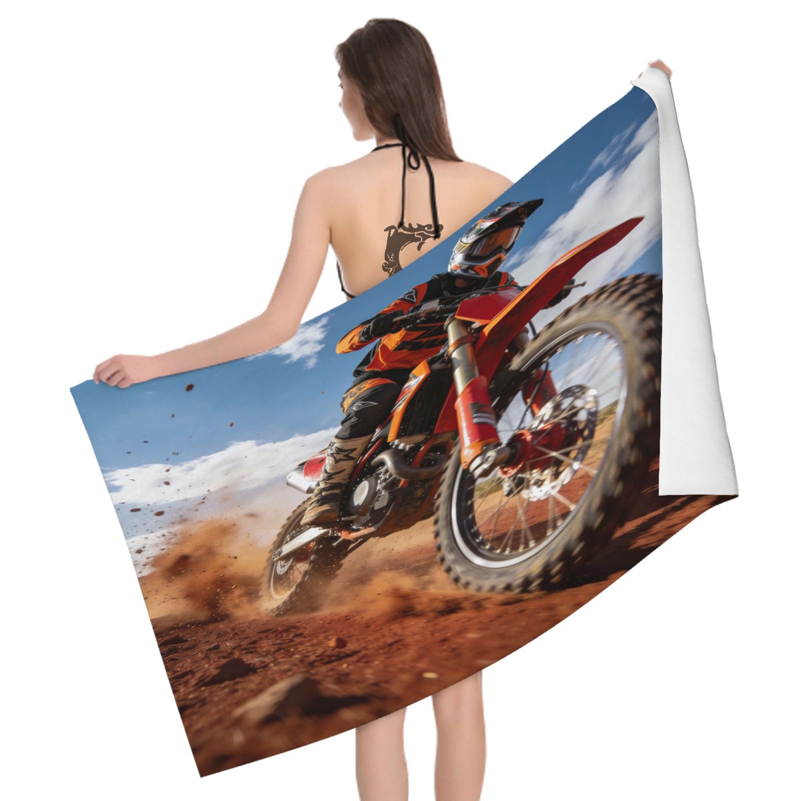 Leichong 3D Dirt Bike Beach Towel Microfiber Soft Quick Dry for Adults, Desert Landscape Bath Towel Lightweight Soft Absorbent for Travel Swimming Pool Sports, 75 x 150 cm