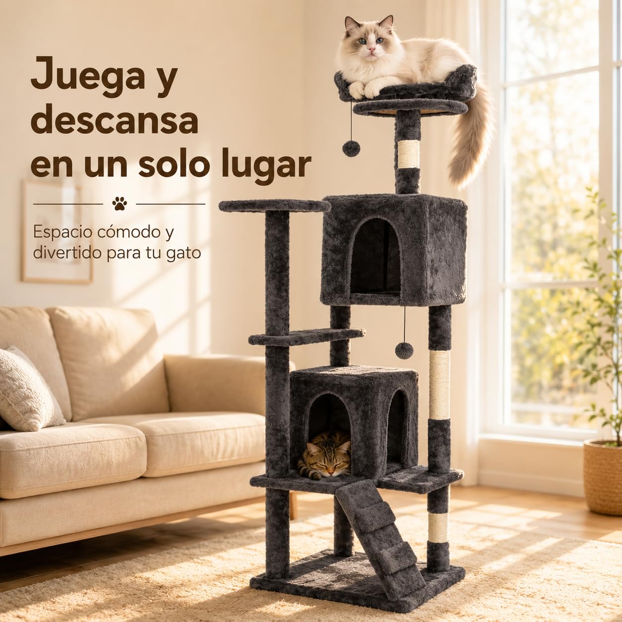 Árbol rascador para Gatos Grandes 150 cm, Torre multinivel Gris con 2 Cuevas, Cama Superior, Plataformas, Postes de sisal,