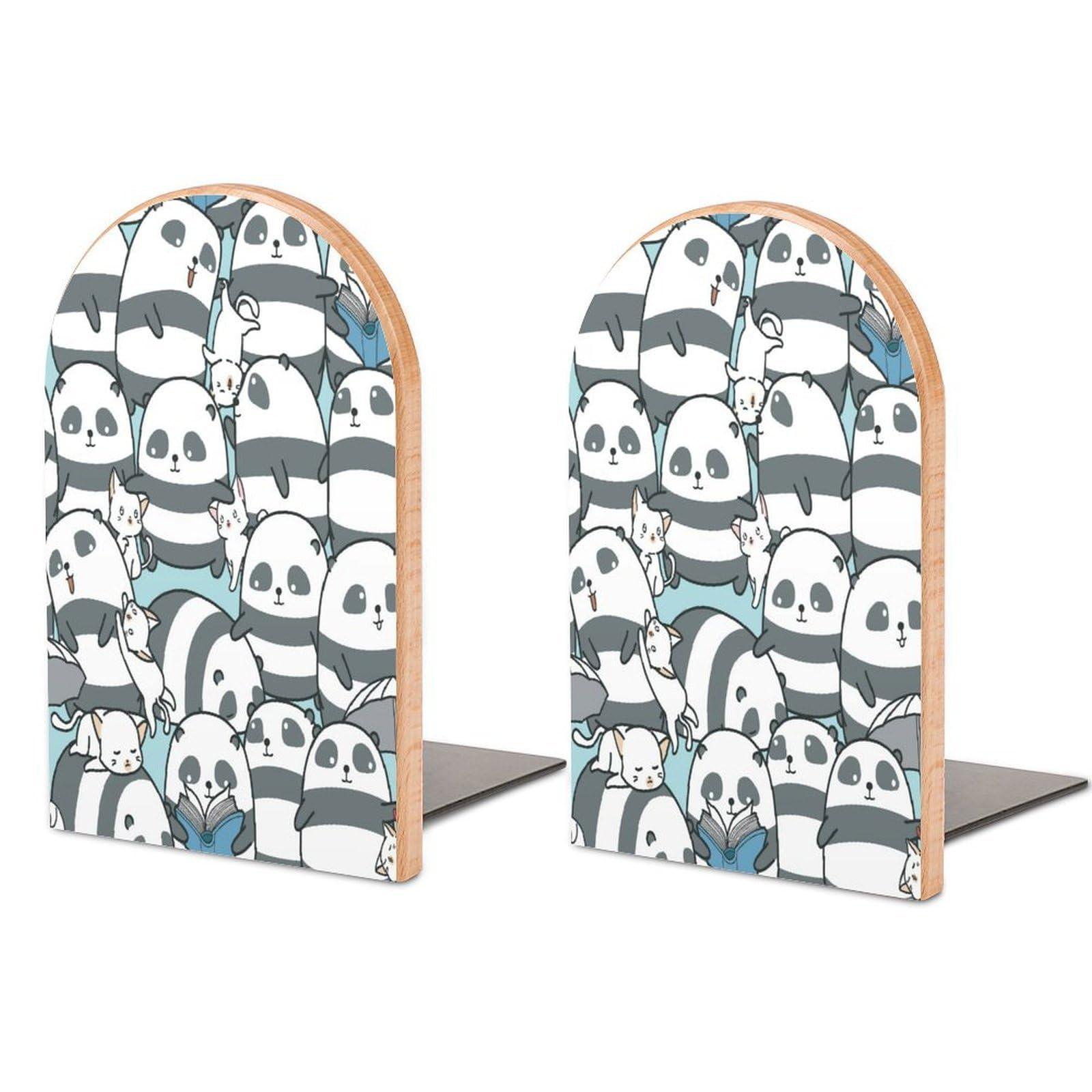 Seamless Pandas and Cats Pattern Beech Wood Bookends Heavy Duty Book Organizers Desktop File Holder for Office Home Bookshelf