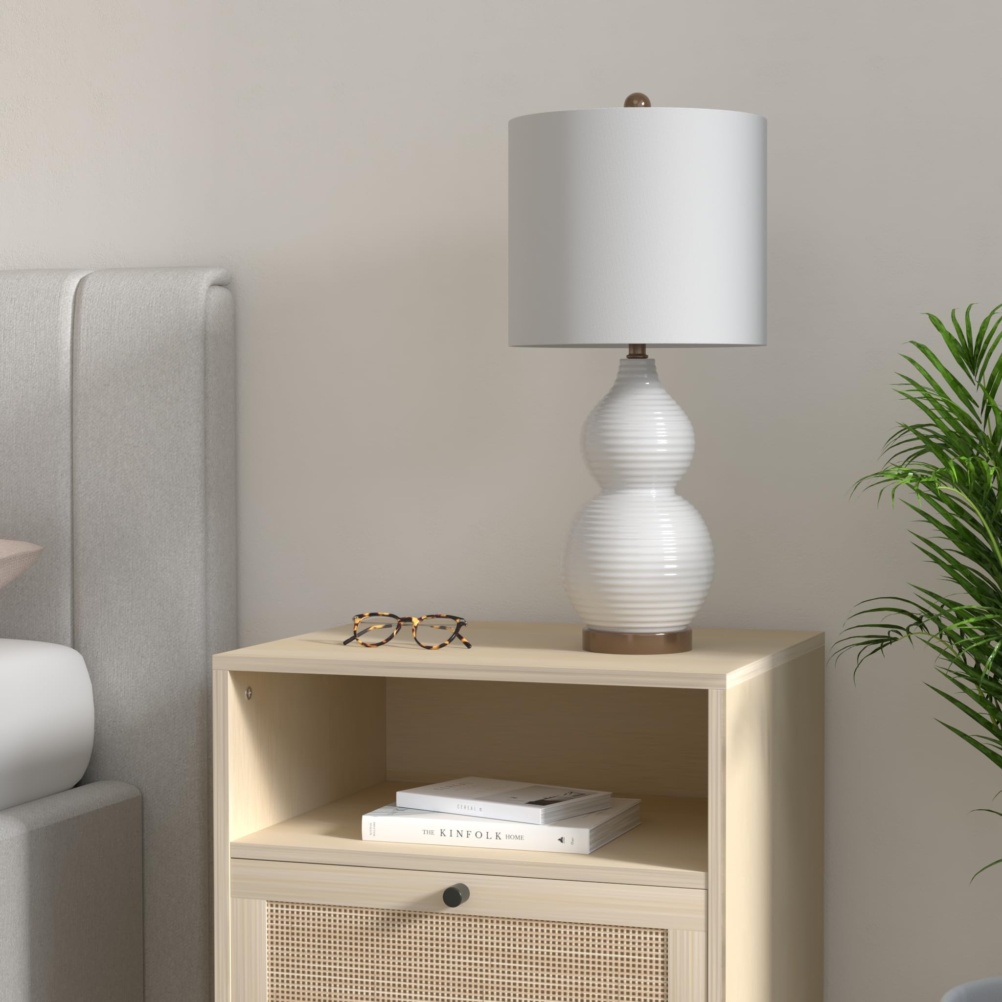 Condition photo showing Good Condition for SAFAVIEH Lighting Collection Emery Modern Contemporary Ivory Mosaic Double Gourd 25-inch Bedroom Living Room Home Office Desk Nightstand Table Lamp (LED Bulb Included)