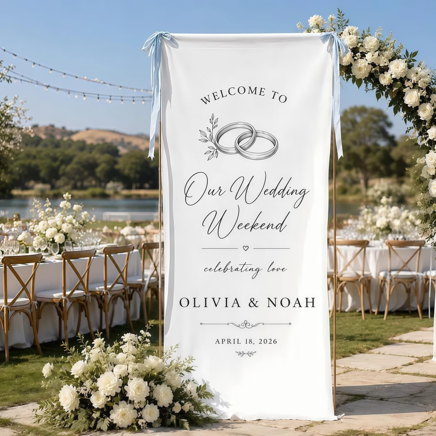 Bfbzyme One Color Personalized Linen Wedding Welcome Sign Banner, Custom Names And Date Fabric Hanging Sign, Rustic Outdoor Wedding Ceremony Decoration, Reception Entrance Decor(50X150cm)
