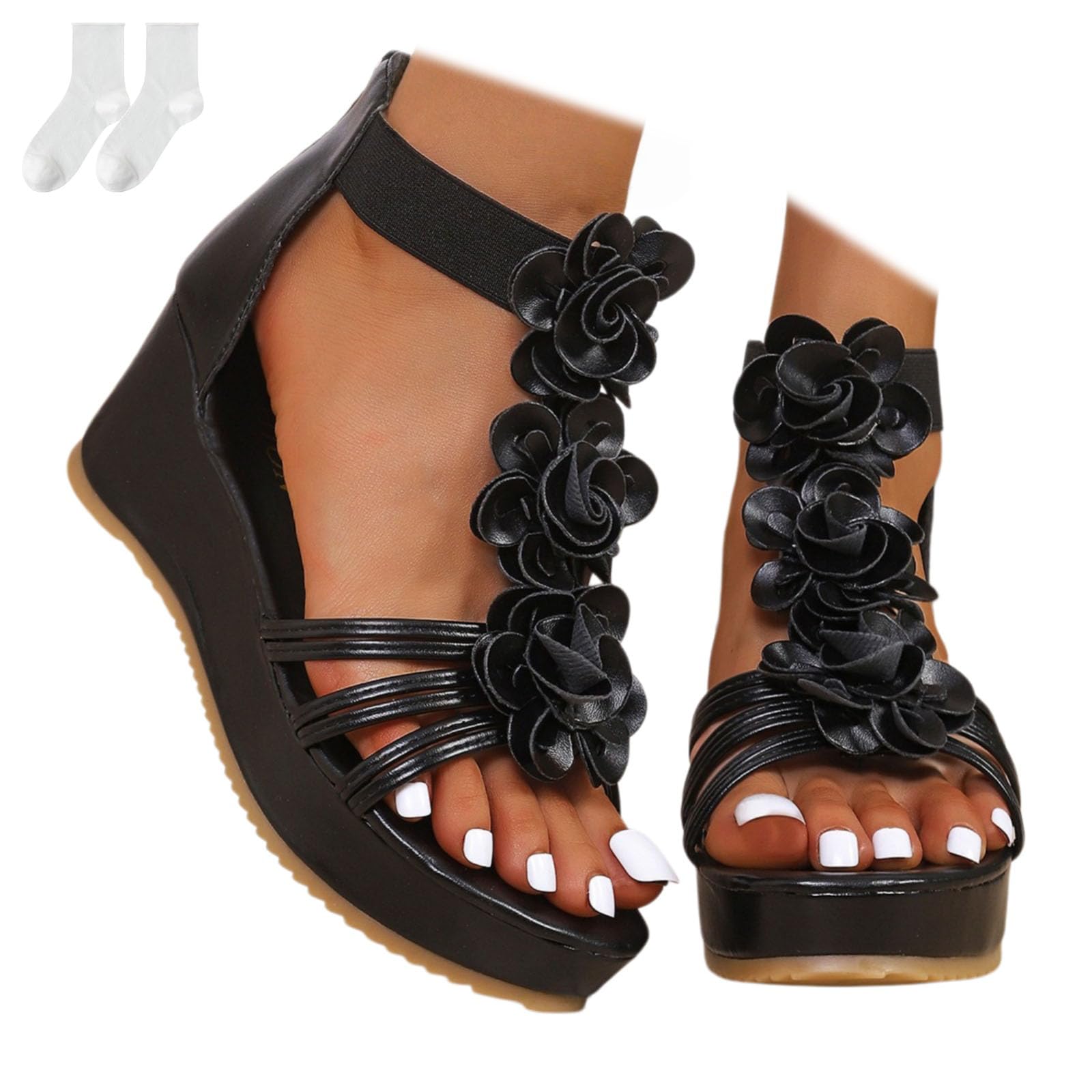 Sandali Zeppa Donna, Eleganti Sandali Romani Con Plateau 5,5 Cm | Sandali Spiaggia Applicazione Floreale E Cerniera Posteriore Scarpe Estive Outdoor A Punta Aperta Per Tempo Libero