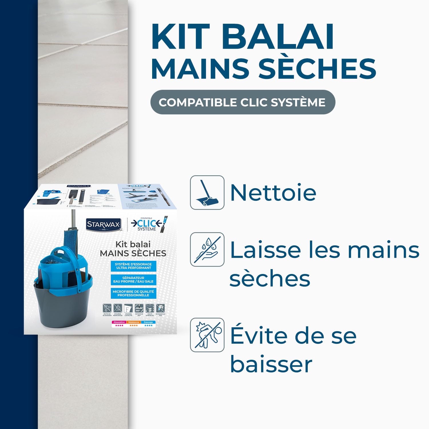 STARWAX Kit Balai Mains sèches Clic système | Tête rotative 360°, séparateur eau propre et eau sale, évite de se baisser, seau gradué 10L, microfibre lavable en machine