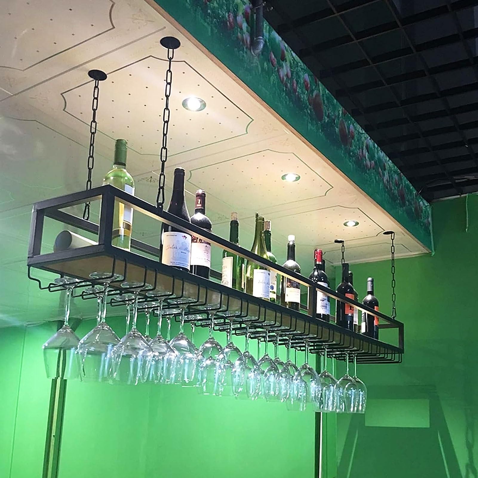 Étagères flottantes en bois et fer avec support de verres à vin suspendu 120cm
