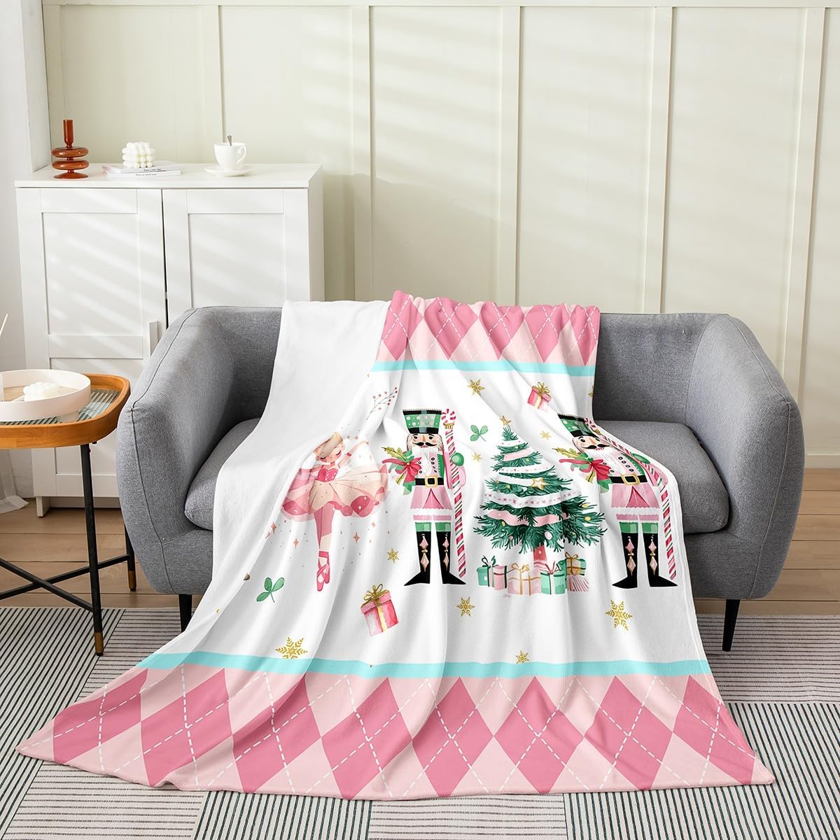 Erosebridal Pink Christmas Flannel Blanket Queen 90x90 Kids Christmas Nutcracker Fleece Blanket Dreamy Ballet Girl Princess Fuzzy Plush Throw Carousel Xmas Tree Decor Xmas Reversible