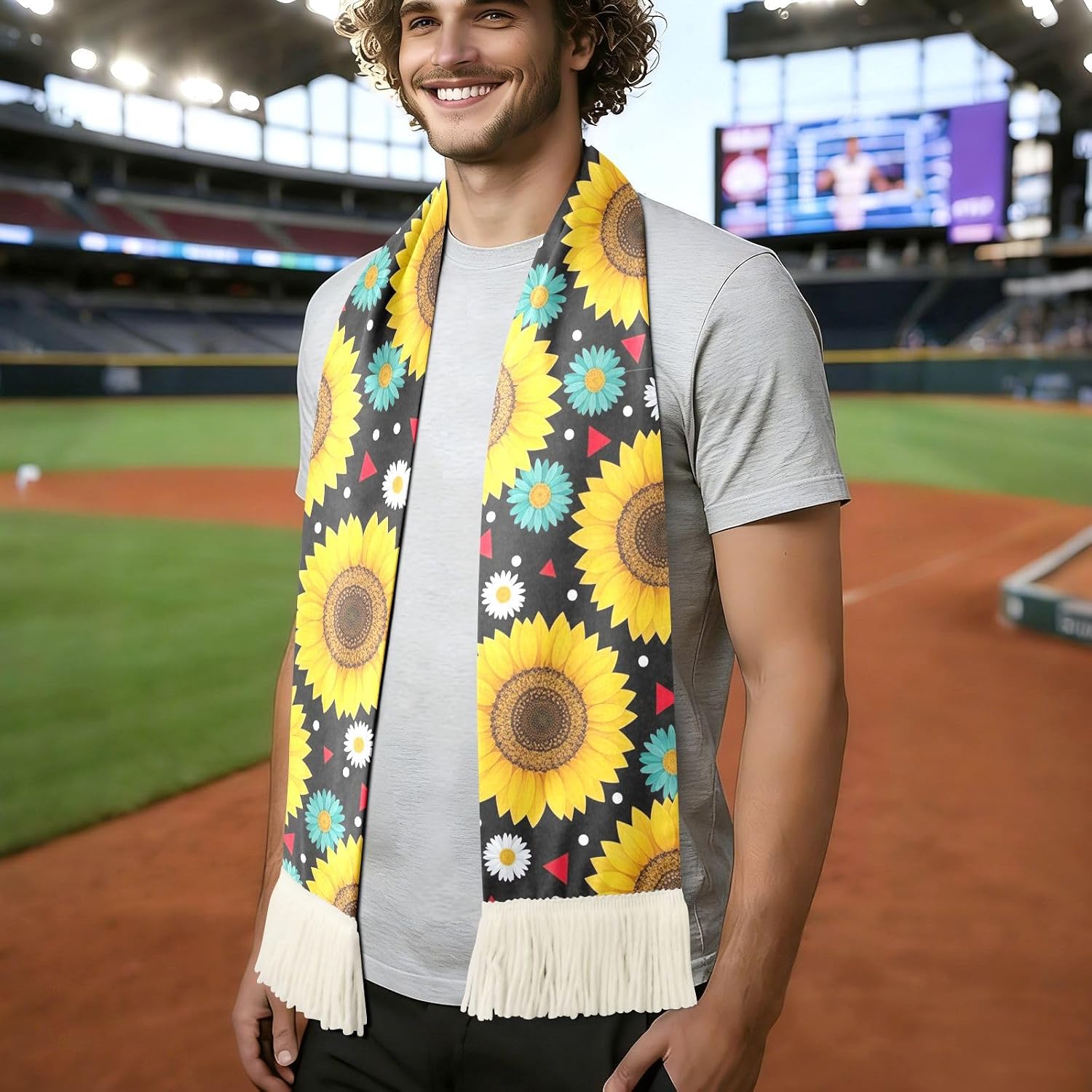 CHIFIGNO Sunflowers Daisies Sports Fan Scarf Towel, Soft Quick Dry Polyester Cheering Scarf for Soccer Games, Fringed Rally Towel