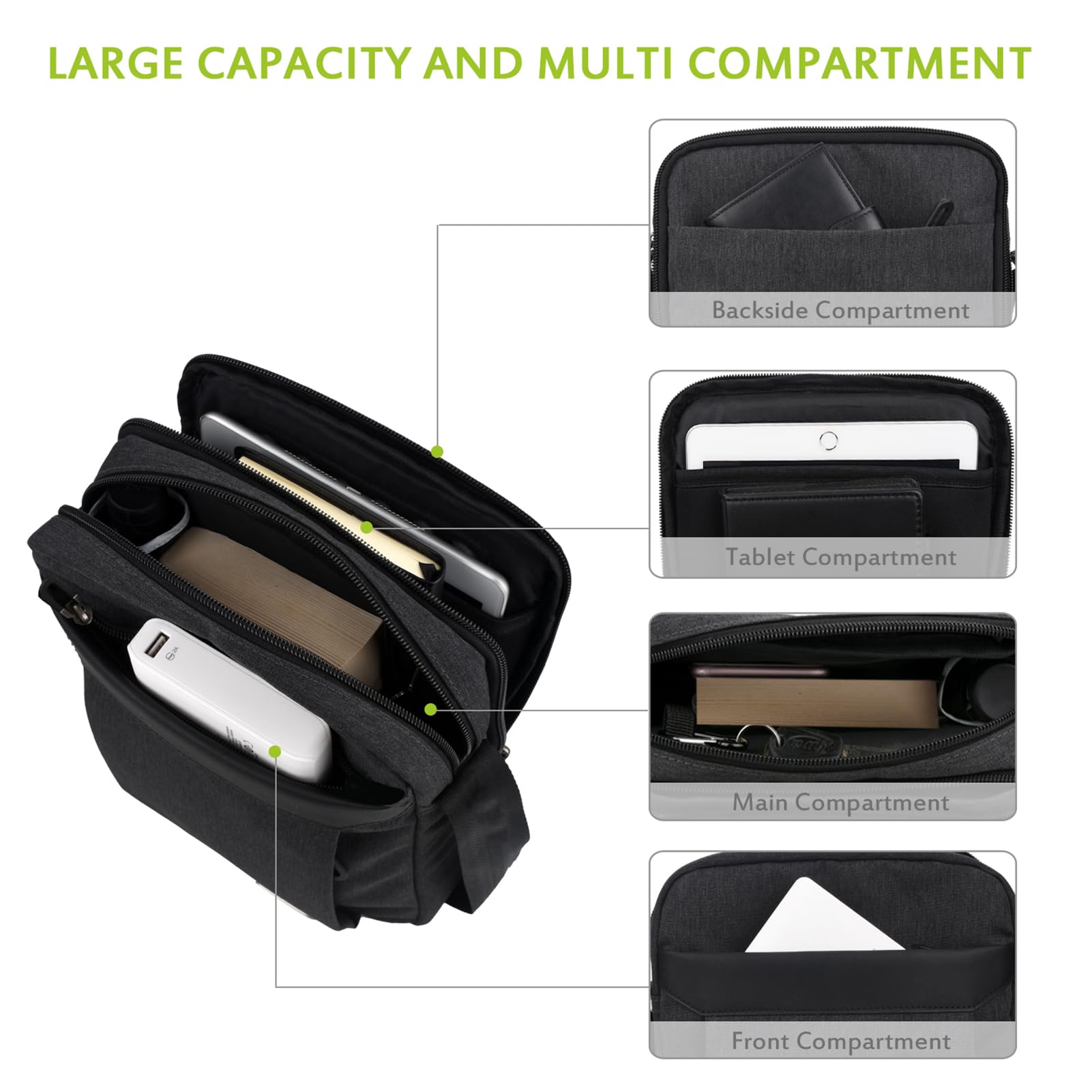 Borsello Uomo Tracolla in Tela con Multi-scomparti (Compatibile con Tablet iPad da 10,5 Pollici, 25 cm), Grigio Scuro