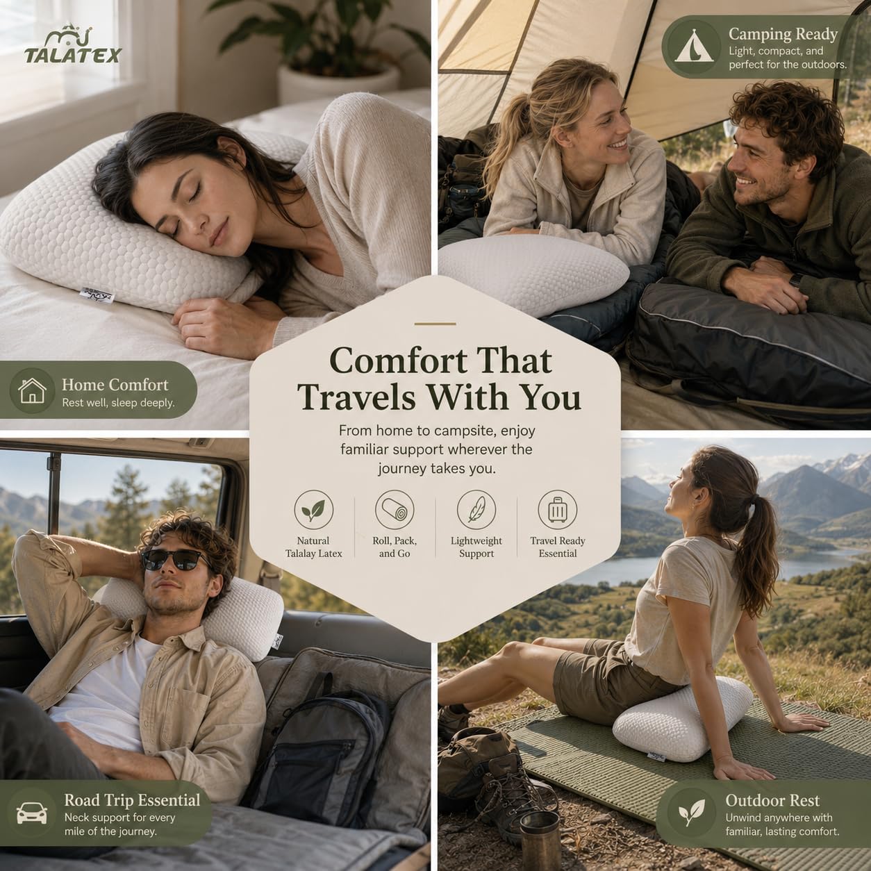 Talatex Oreiller de camping en latex naturel pour adultes, petit oreiller de voyage compact et pliable, pas de gonflage nécessaire, confort hôtelier pour tente ou camping-car, avec housse lavable
