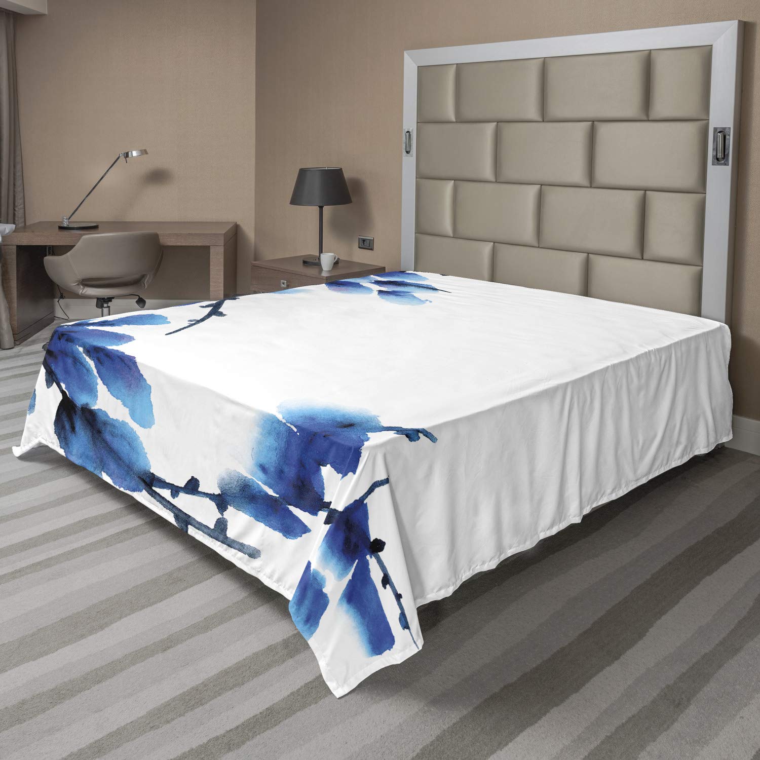 Lunarable Floral Flat Sheet, Traditional Branches in Watercolor Leaves Petals Botany Beauty Nature Artwork, Soft Comfortable Top Sheet Decorative Bedding 1 Piece, Queen Size, Blue Purple