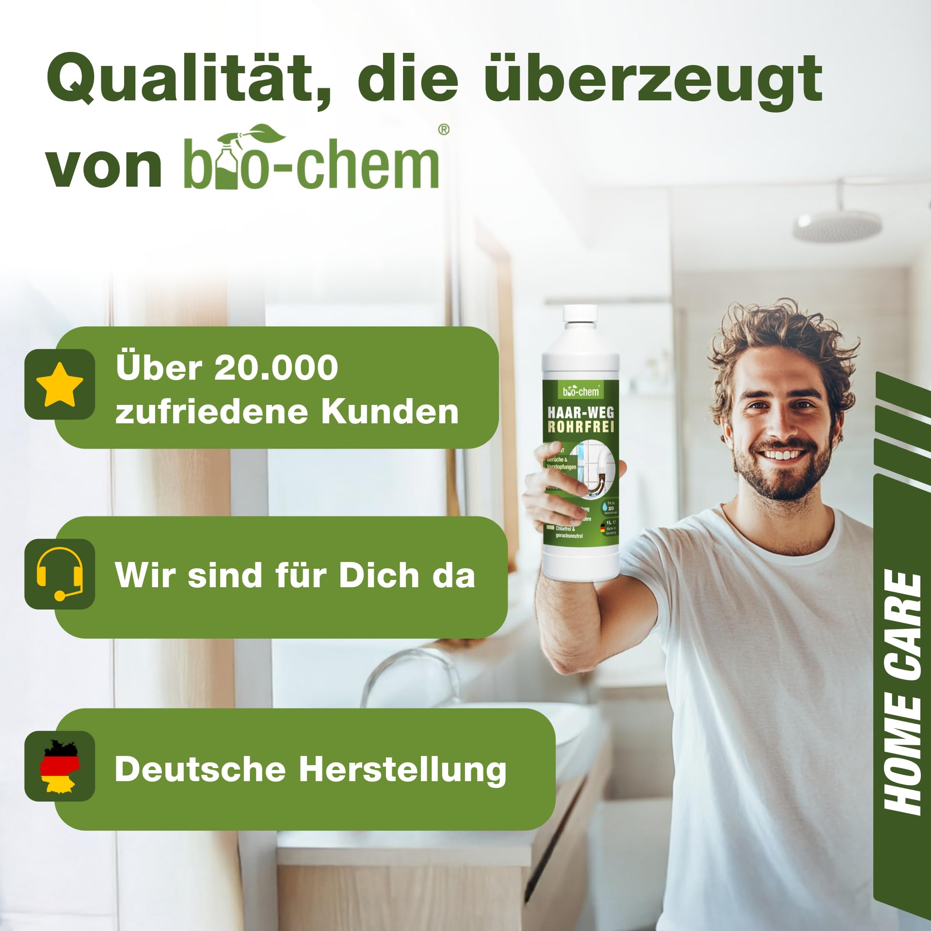 bio-chem Badreiniger Set 6-teilig für Bad, Dusche & WC | Mit Haar-Weg, Urinsteinentferner, Sanitärreiniger, Bimsstein und Tüchern | Abflussreiniger, Kalksteinreiniger, Badreiniger