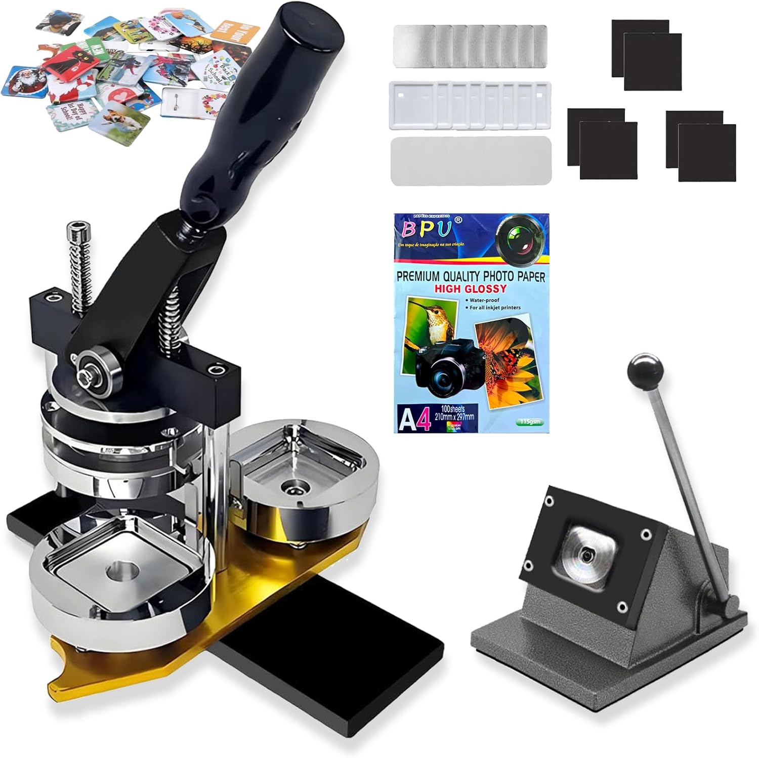 2x2 in Square Photo Fridge Magnet Maker Machine with Picture Cutter, DIY Custom Badge Maker, Includes 100 Sheets of Photo Paper+100 Sets of Consumables