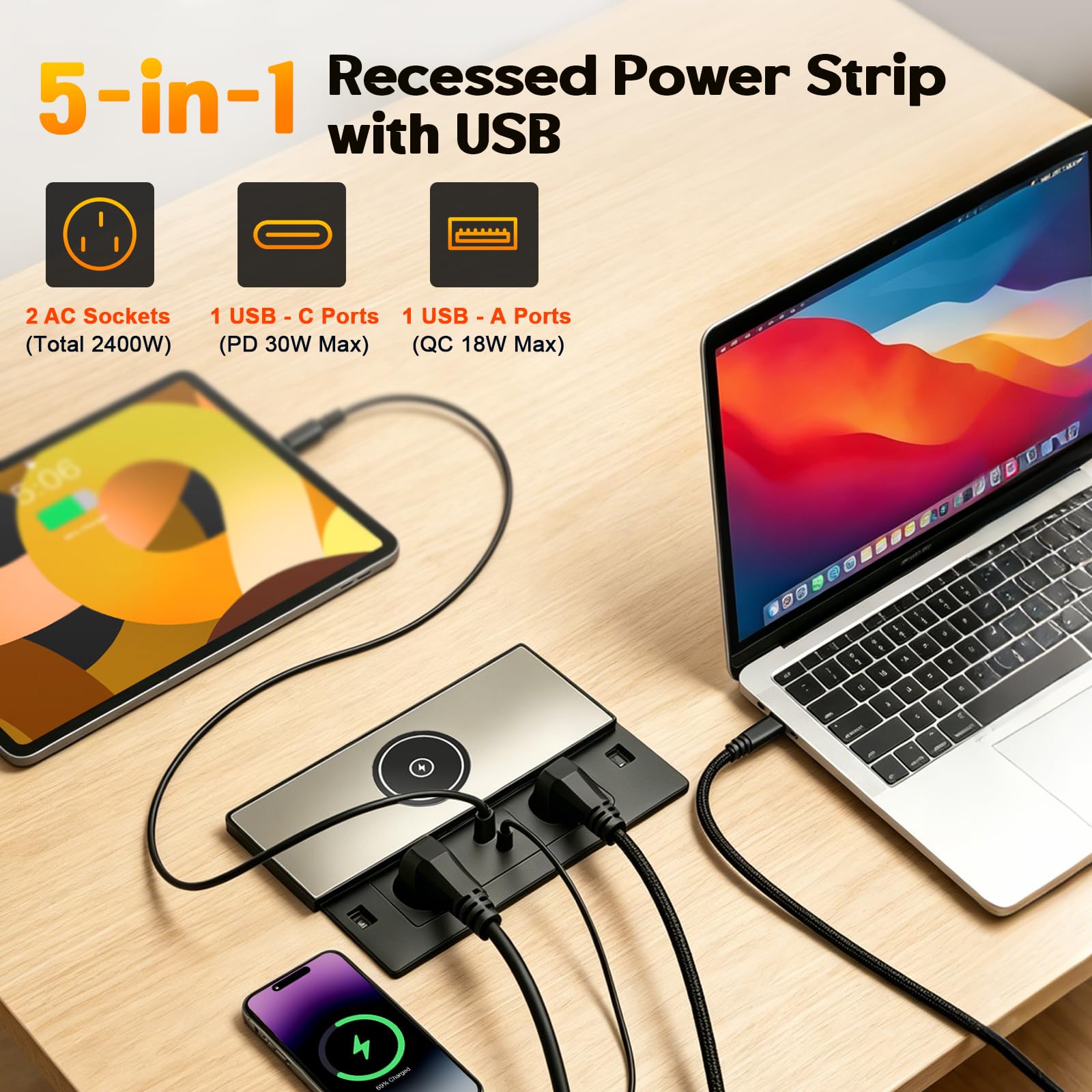 Base de enchufe de aluminio empotrable, con 2 enchufes euro, 1 USB-A, 1 USB-C PD 30W, carga inalámbrica, cable de 1,8 m, enchufe de mesa retráctil para cocina, escritorio y oficina
