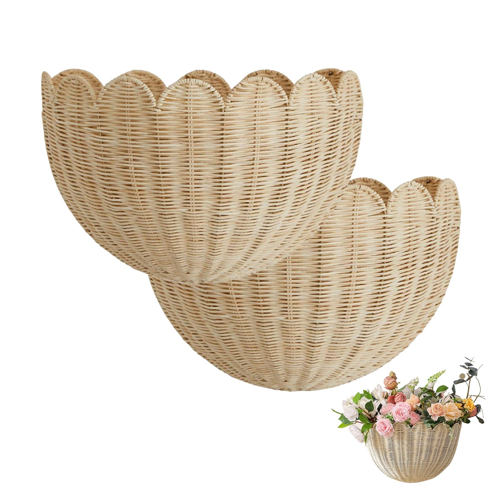 Falowany Kosz Ścienny W Stylu Wiklinowym, Wiszący Organizer Rattanowy Na Rośliny, Kosmetyki, Przedpokój, Kuchnię, Łazienkę I Salon(Rattan,2pcs)