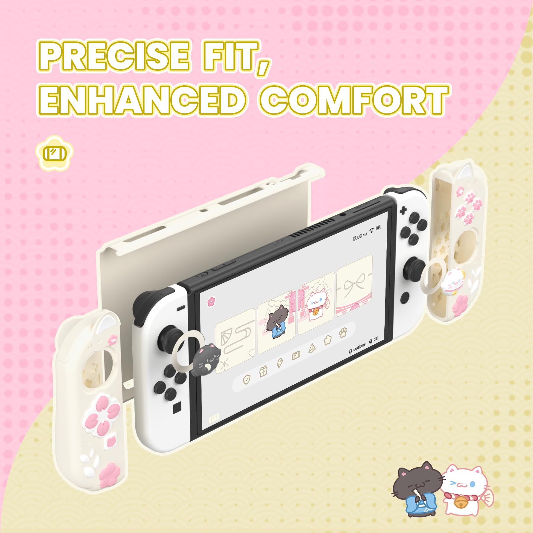 playvital Cover Dockable per Nintendo Switch OLED, Custodia Grip Silicone per Joycon &Copertura Console Protettiva Rigida &Supporto Regolabile &Copri Analogici Carini, Gattino di Fiori-Giallo Antico