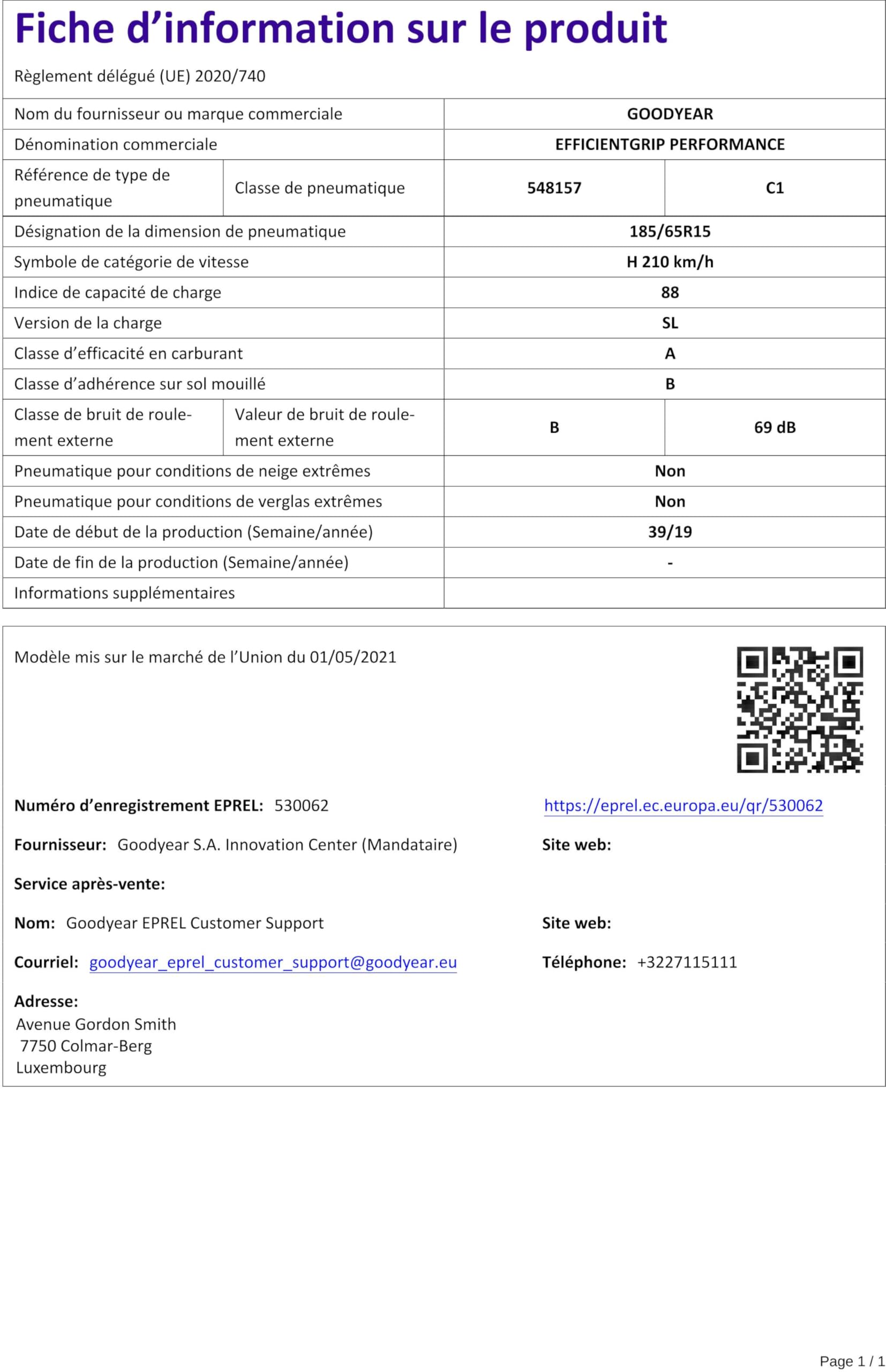 Goodyear 79203 Pneumatico 185/65 R15 88H Efficientgrip Performance