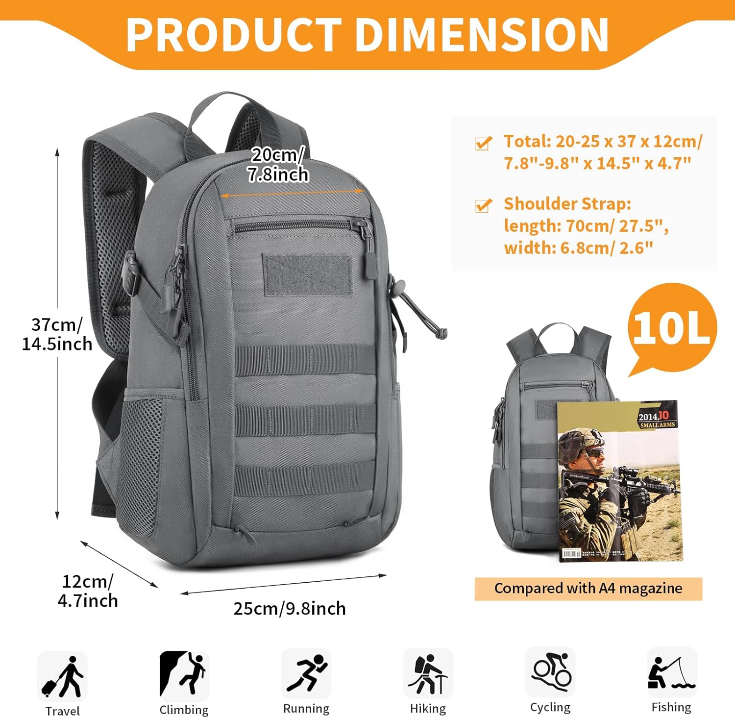 HUNTVP 10L Tactical Backpack Small Backpack Mini Daypack Military MOLLE Rucksack Gear Tactical Assault Pack Bag for Hunting Camping Trekking(10l-grey)