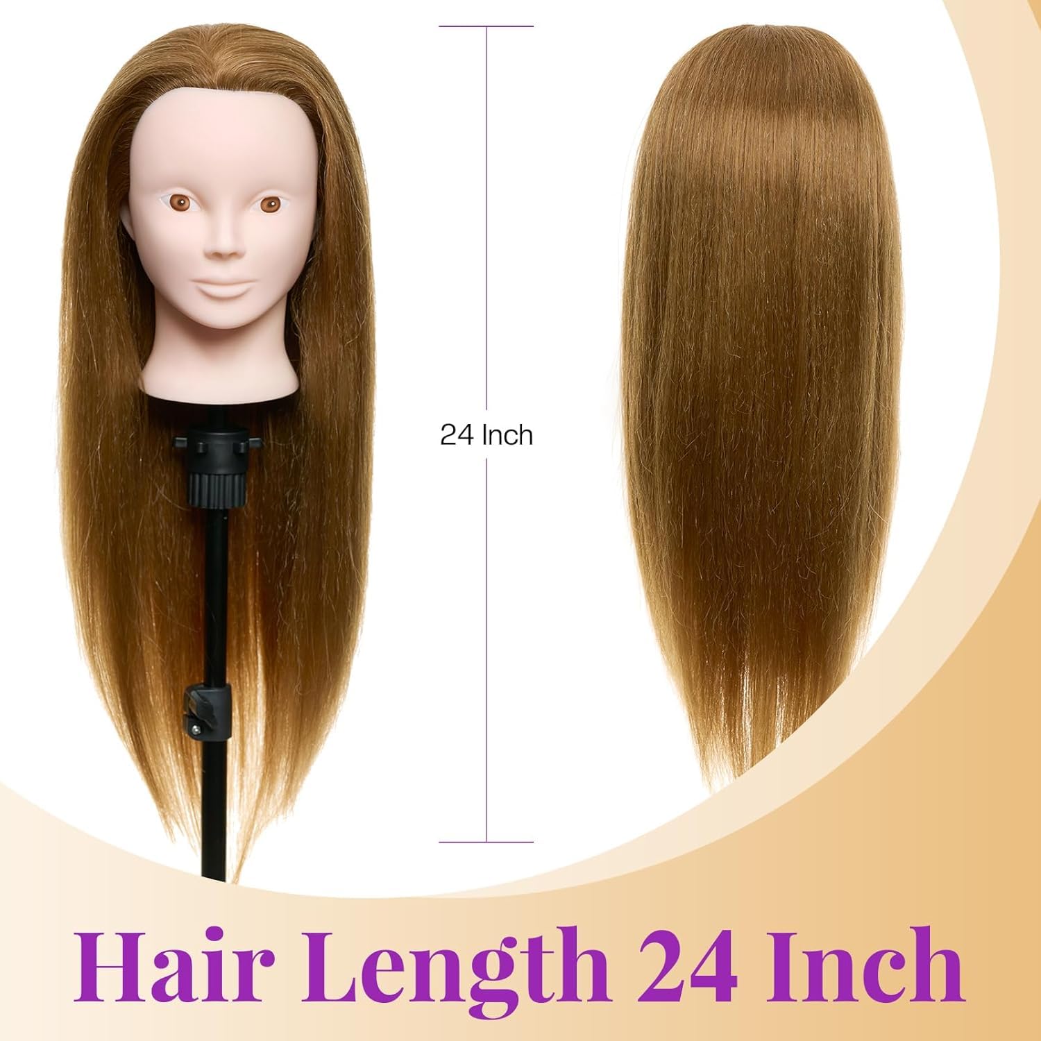 Cabeza de Peluqueria Neverland 24" 80% Pelo auténtico Practicas Formación Muñeca de la Cosmetología práctica maniquí muñeca para Peluquería con Soporte + Accesorios de Peinado DIY