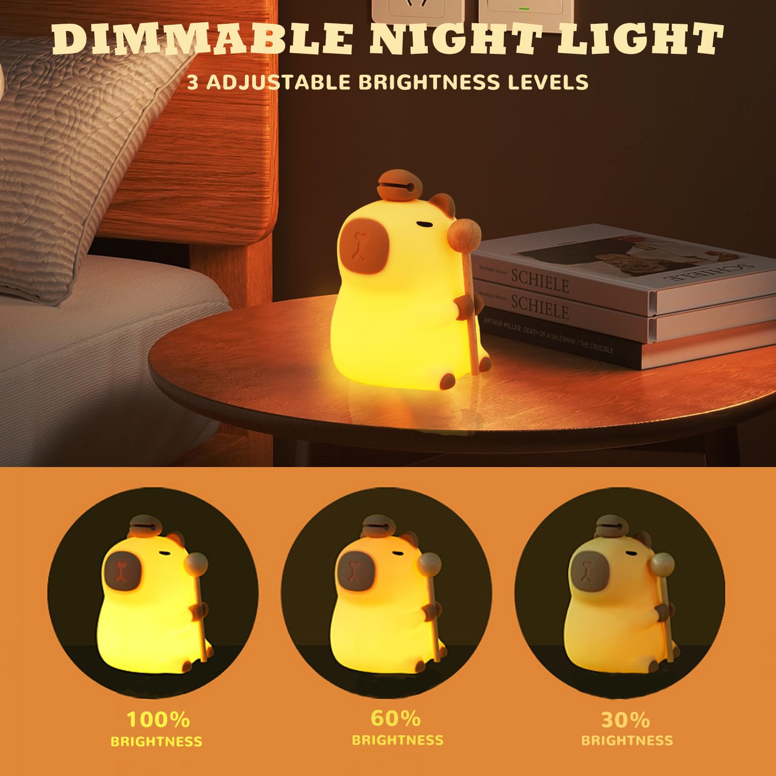 Capybara Night Light for Kids, AVEKI Silicone Dimmable Touch Lamp with 3-Levels Brightness and 7 RGB Colors, USB Rechargeable Bedside Table Light for Bedroom, Living Room Children's Room (Wooden-Fish)