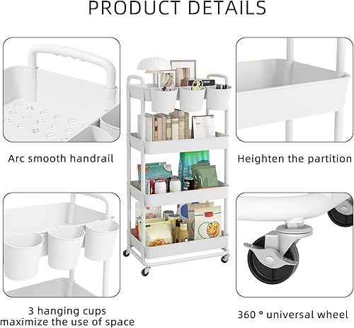 Miniatura 7 de JIUYOTREE 4-Tier Plastic Rolling Storage Cart Utility Cart with Extra Hanging Cups Handles Lockable Wheels for Living Room Bathroom Kitchen Office