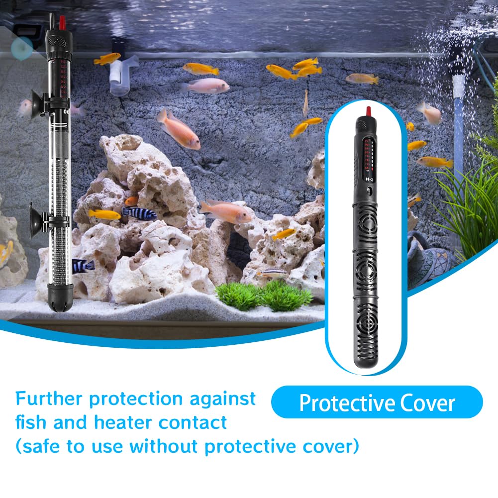 Chauffage d'aquarium 300W 300 L, Tige chauffante pour Aquarium à température réglable avec ventouses, Tige chauffante pour Aquarium avec 3 Autocollants thermomètre
